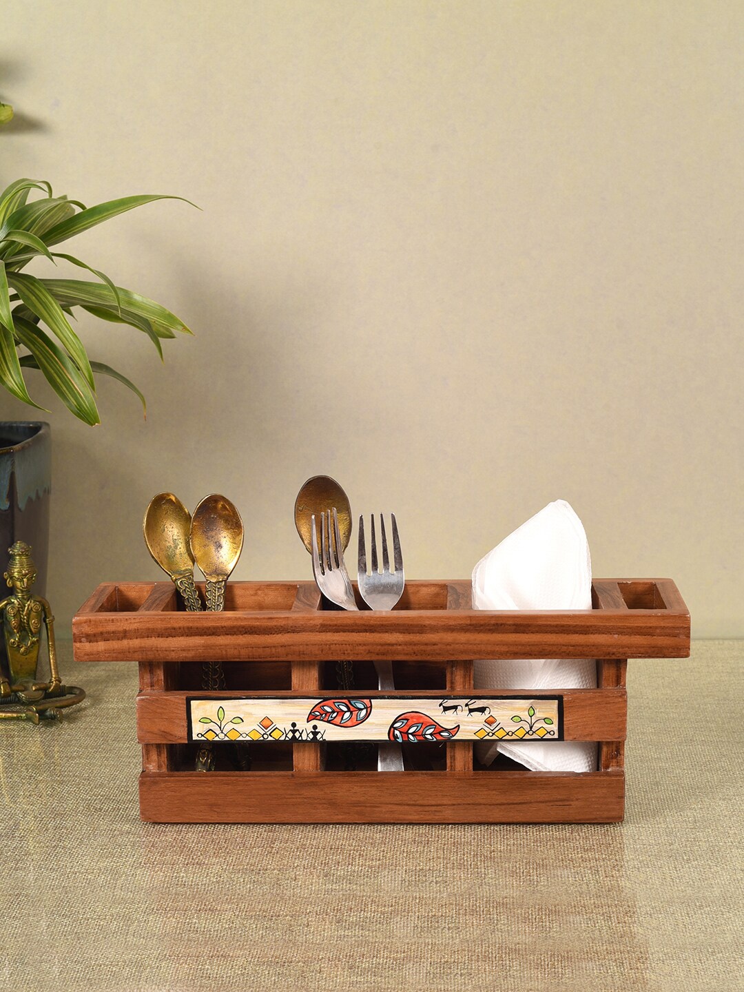 

AAKRITI ART CREATIONS Flora Brown Cutlery Storage Box Cutlery