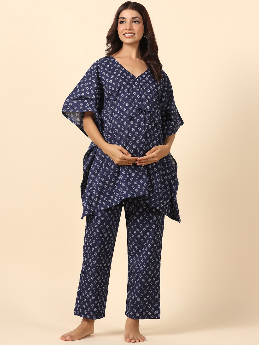 

Ikk Kudi by Seerat Floral Printed Pure Cotton Maternity Night Suit, Blue