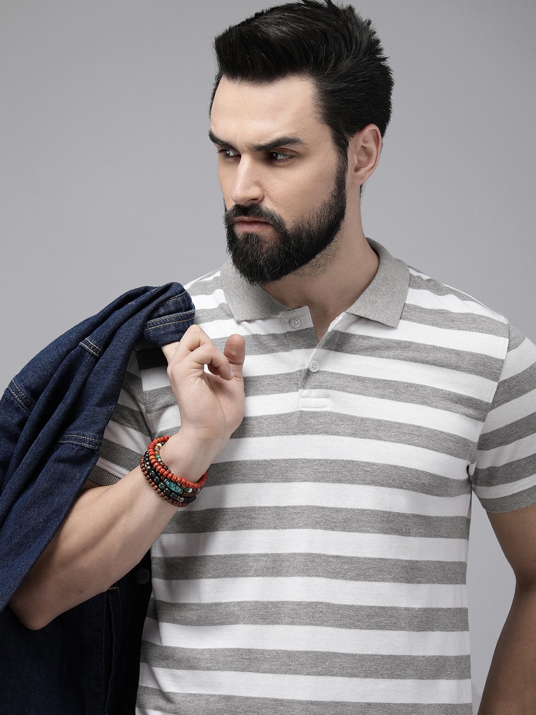 

Roadster Men Striped Polo Collar T-shirt, White