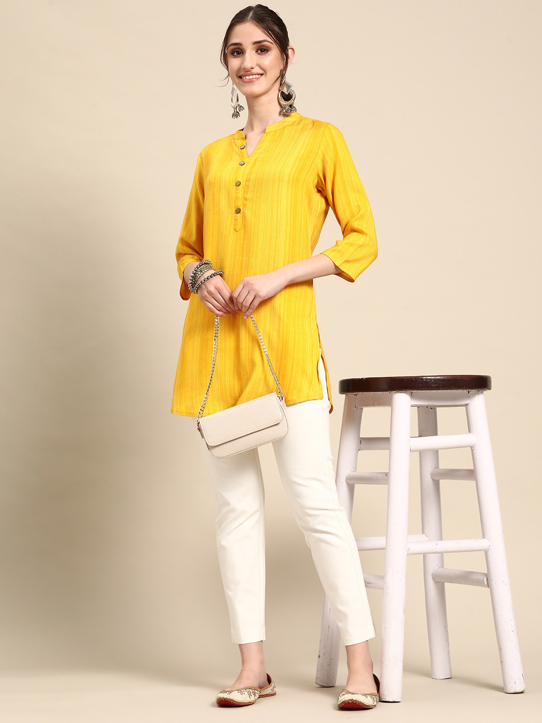 

Sangria Striped Mandarin Collar Kurti, Yellow