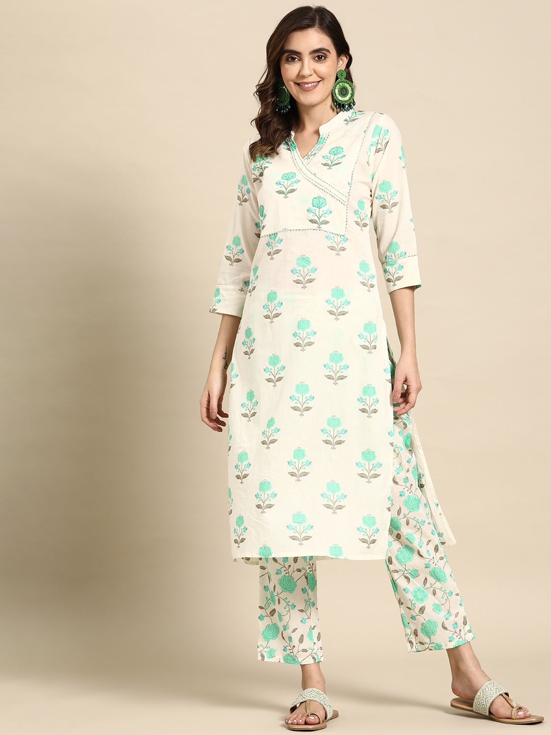 

Sangria Floral Printed Angrakha Sequinned Pure Cotton Kurta With Trousers, White