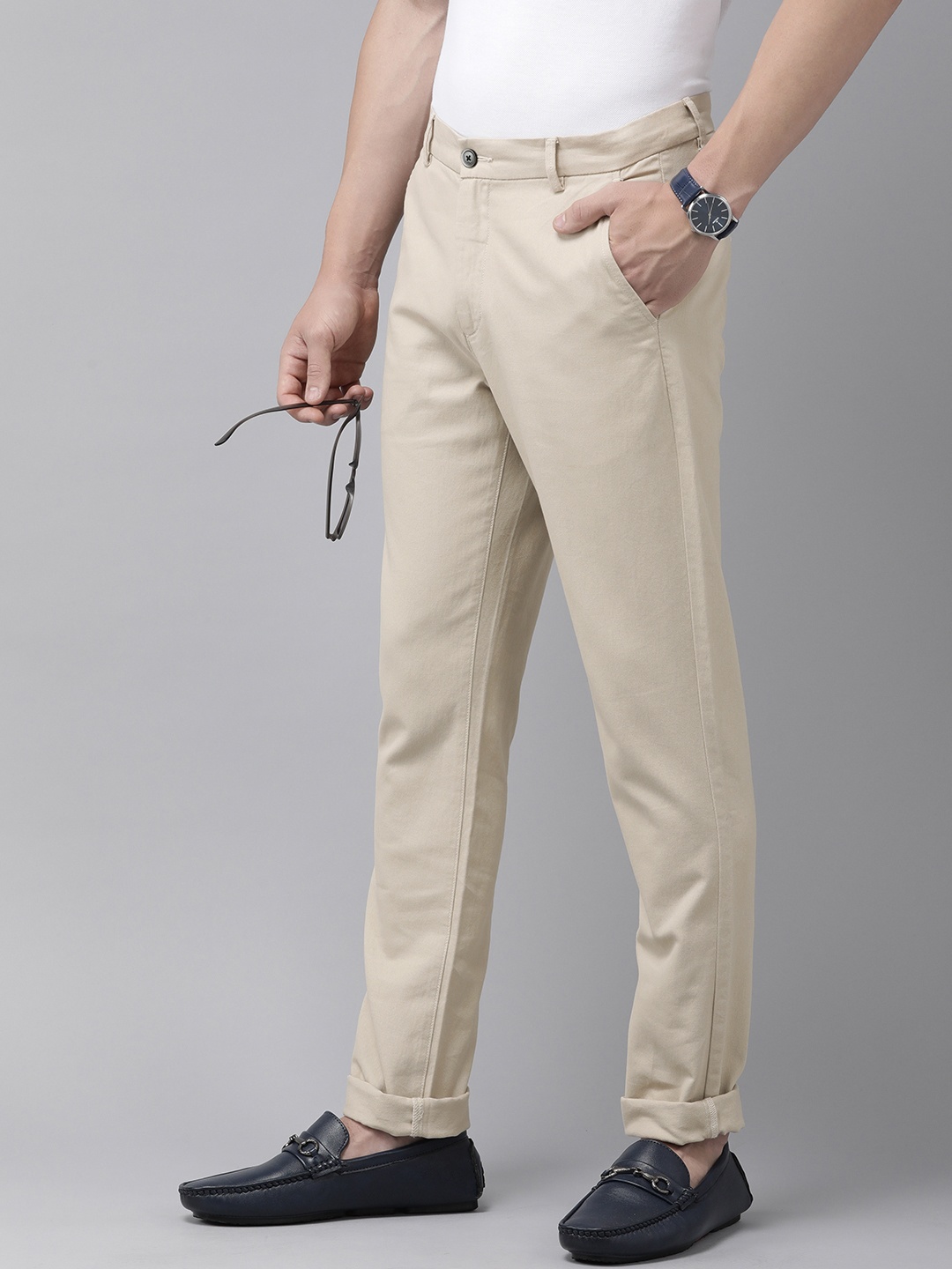 

Arrow Sport Men Jackson Skinny Fit Low-Rise Pure Cotton Trousers, Beige