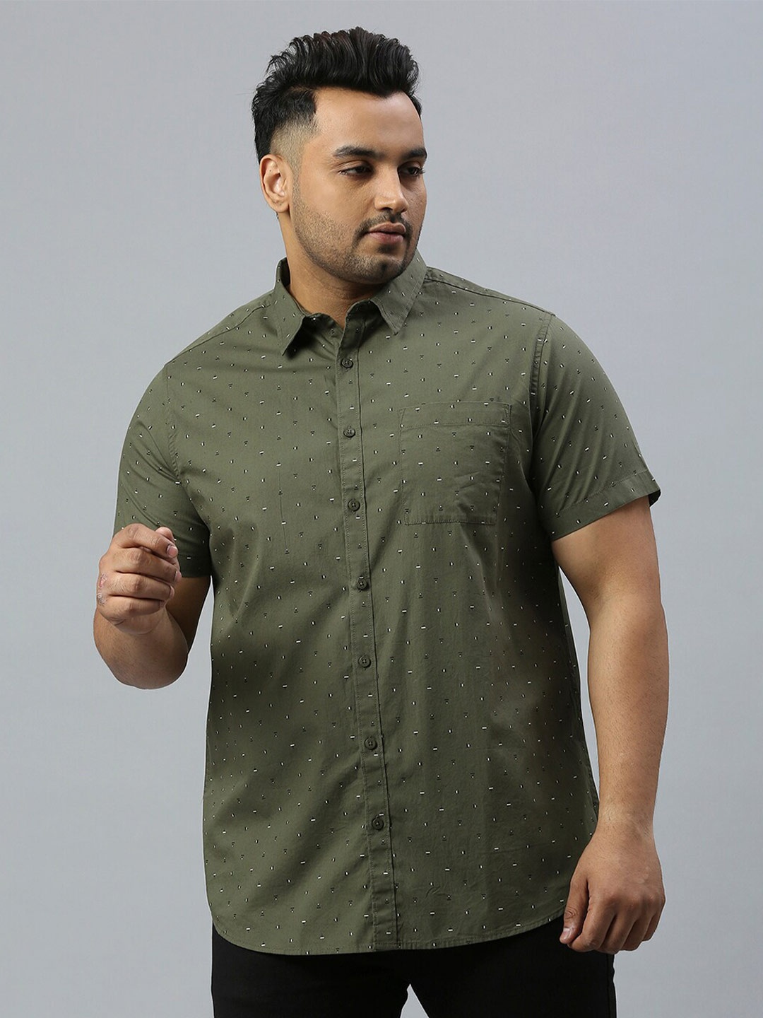 

Sztori Plus Size Classic Micro Ditsy Printed Casual Pure Cotton Shirt, Olive
