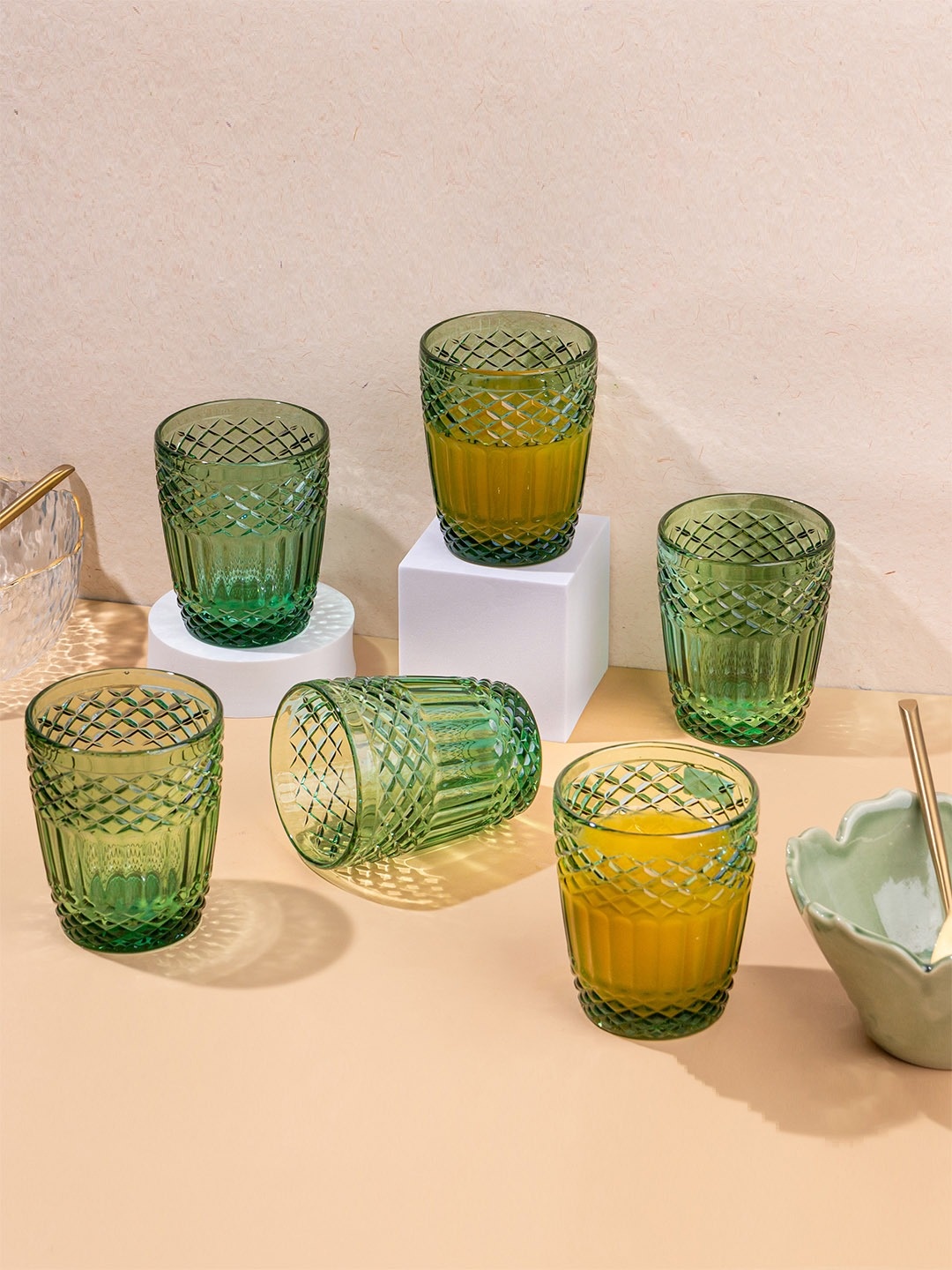 

nestroots Green 6 Pieces Textured Water Or Juice Glasses 350ml Each