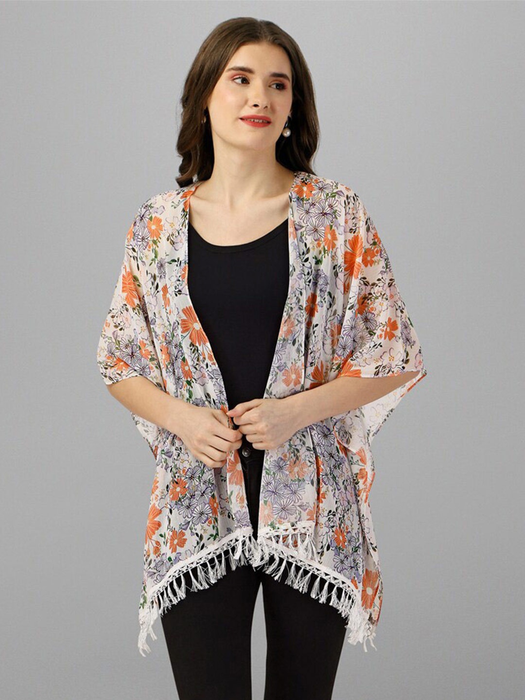 

Fbella Women Printed Tasselled Shrug, White