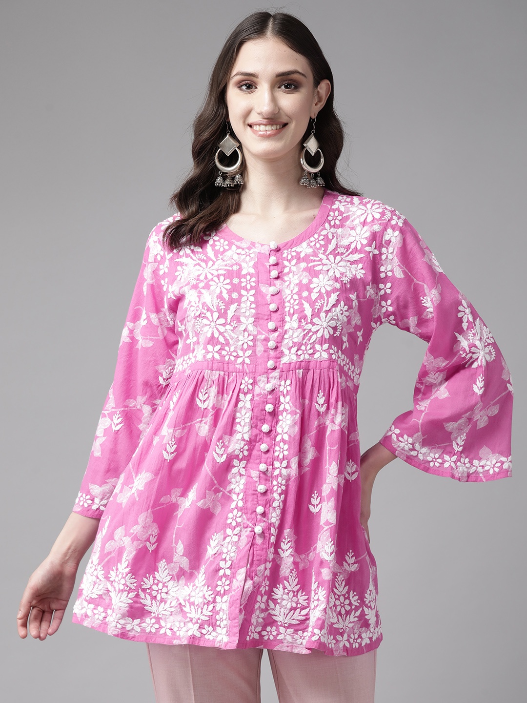 

ADA Floral Embroidered Chikankari Kurti, Pink