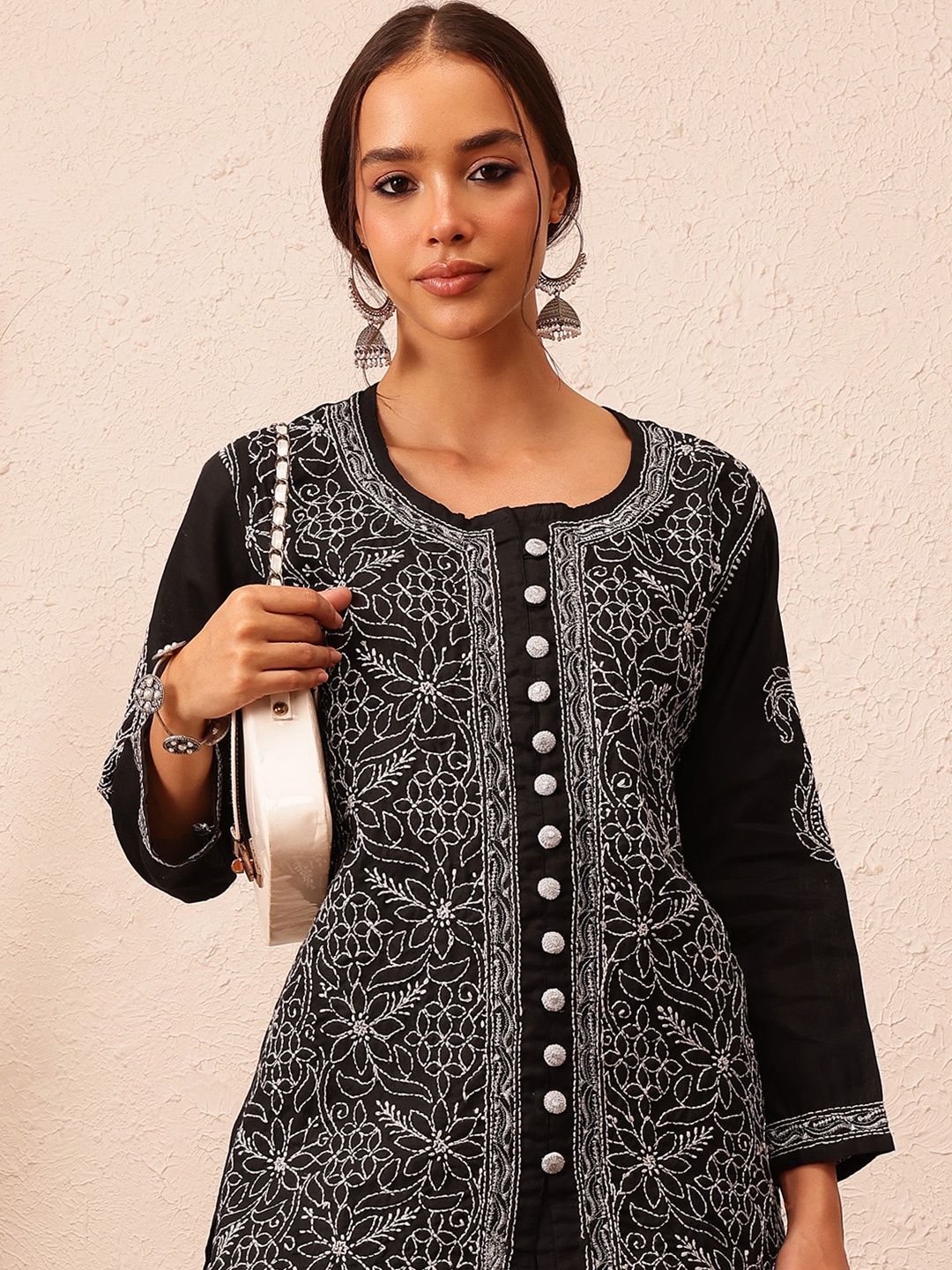 

ADA Floral Embroidered Thread Work Kurti, Black