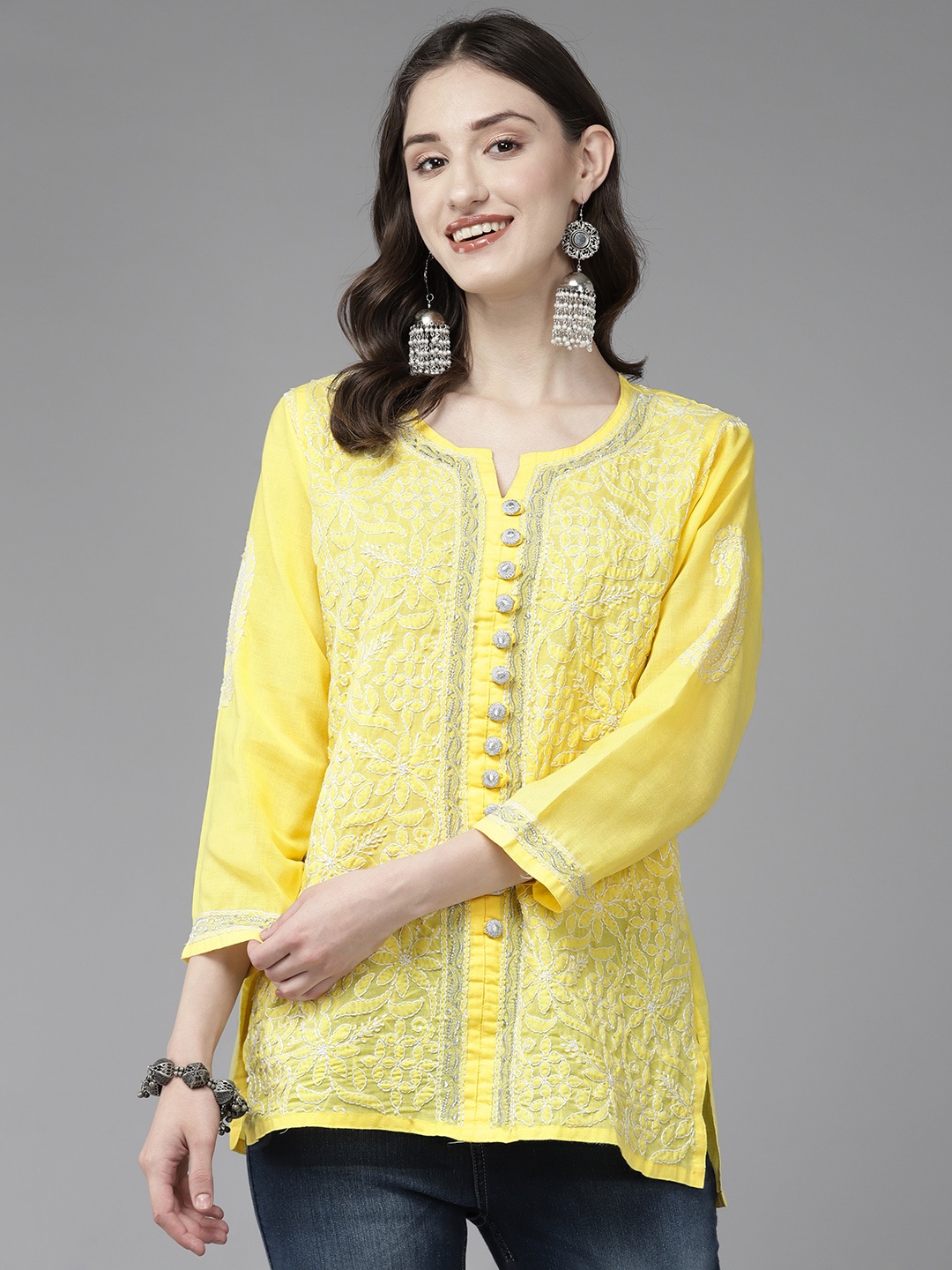 

ADA Floral Embroidered Kantha Work Kurti, Yellow
