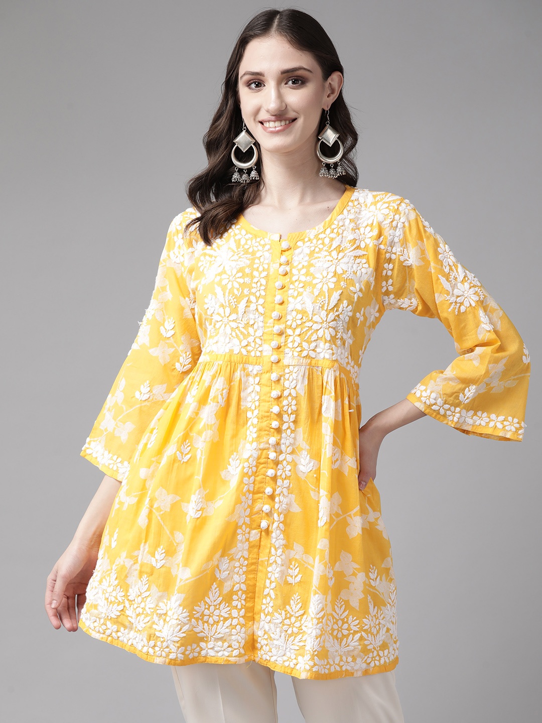 

ADA Floral Embroidered Chikankari Kurti, Yellow