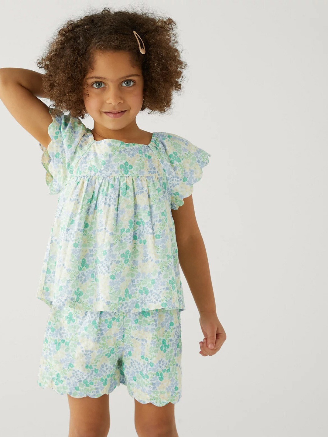 

Marks & Spencer Girls Printed Pure Cotton Top With Shorts, Green