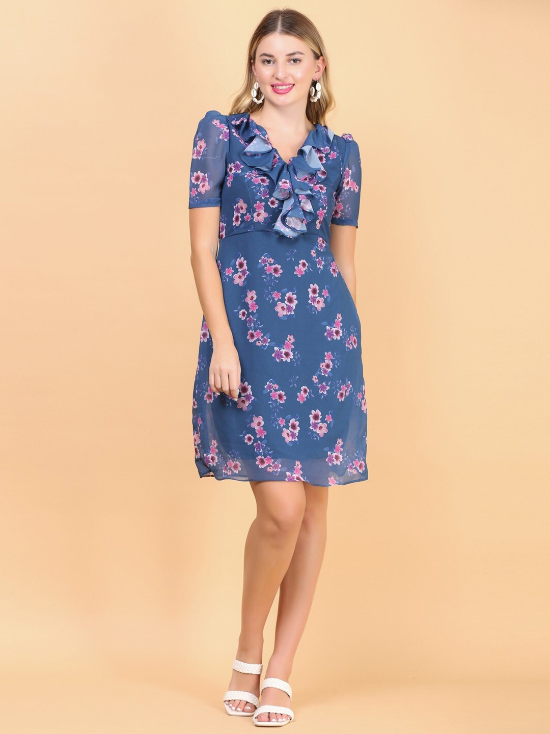 

DESI WOMANIYA Floral Print V-Neck Georgette Puff Sleeves A-Line Ruffle Dress, Blue