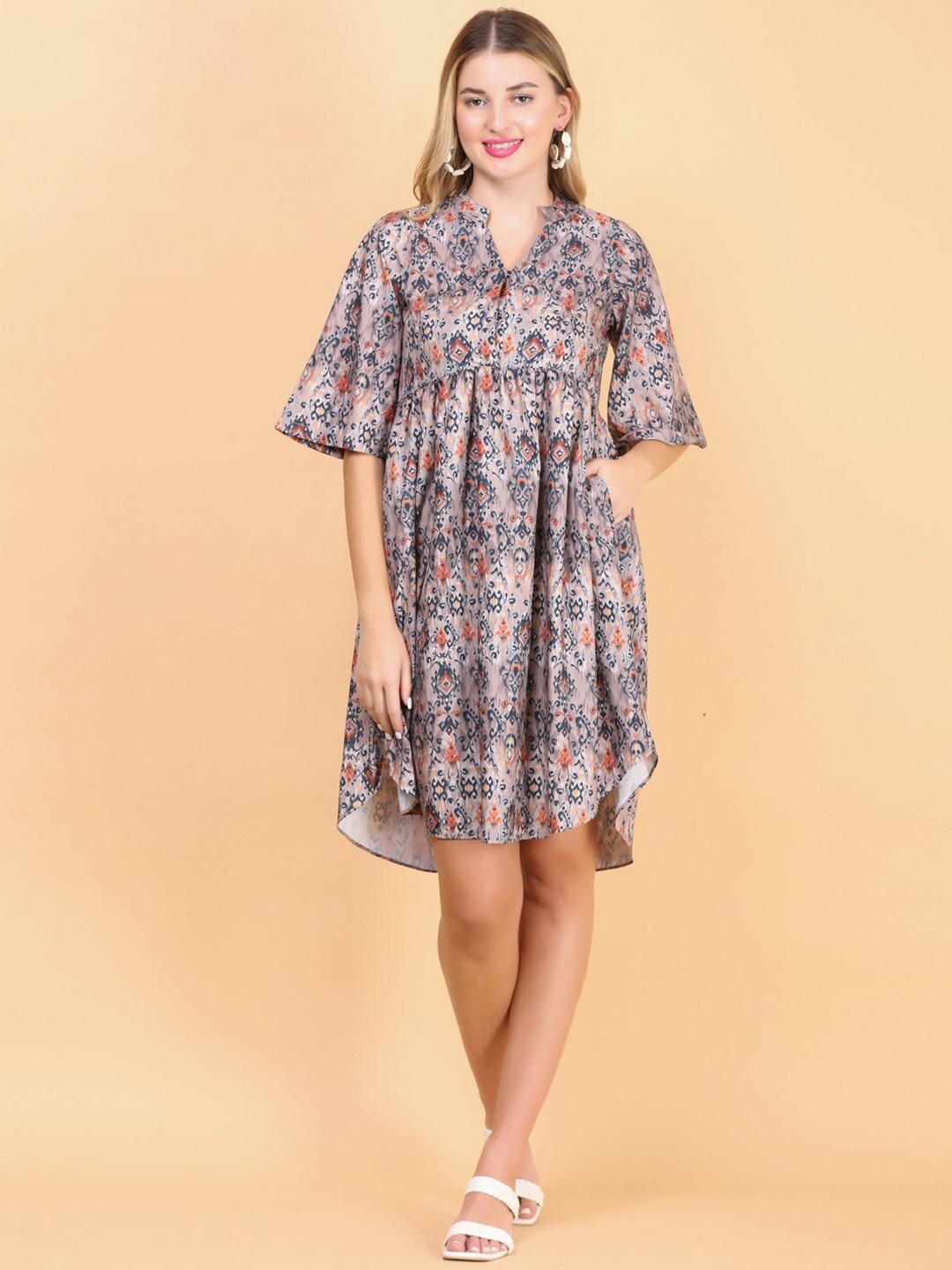 

DESI WOMANIYA Ethnic Motifs Print Mandarin Collar Crepe A-Line Dress, Beige