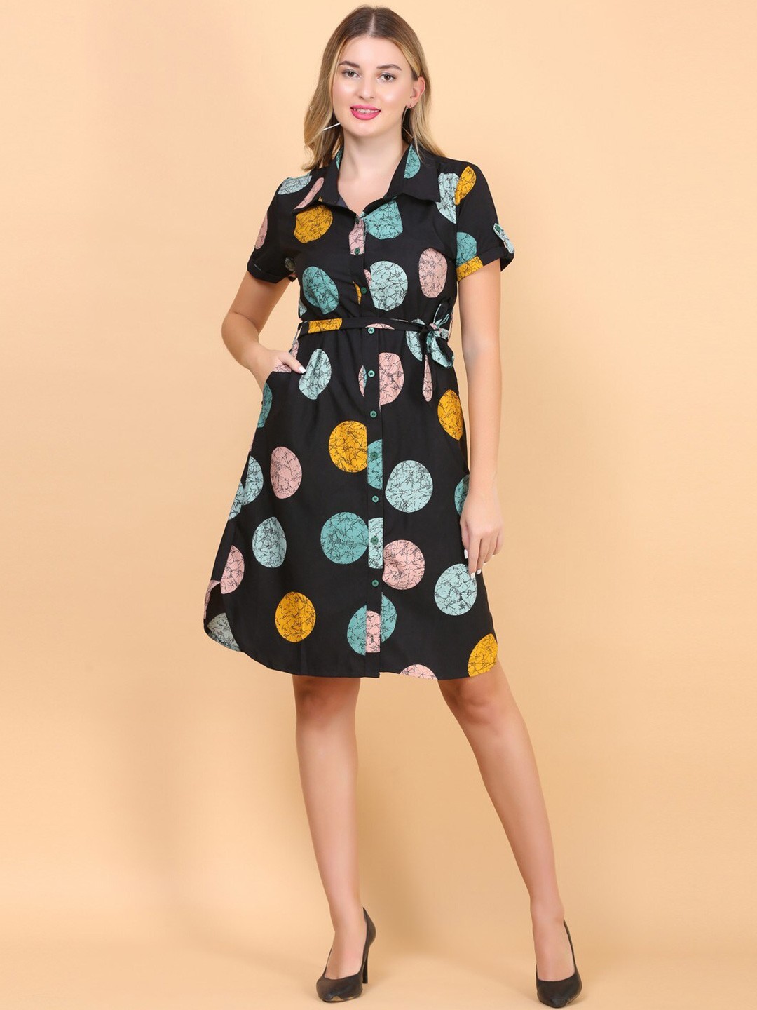 

DESI WOMANIYA Polka Dot Print Shirt Collar Crepe Shirt Dress With Belt, Black