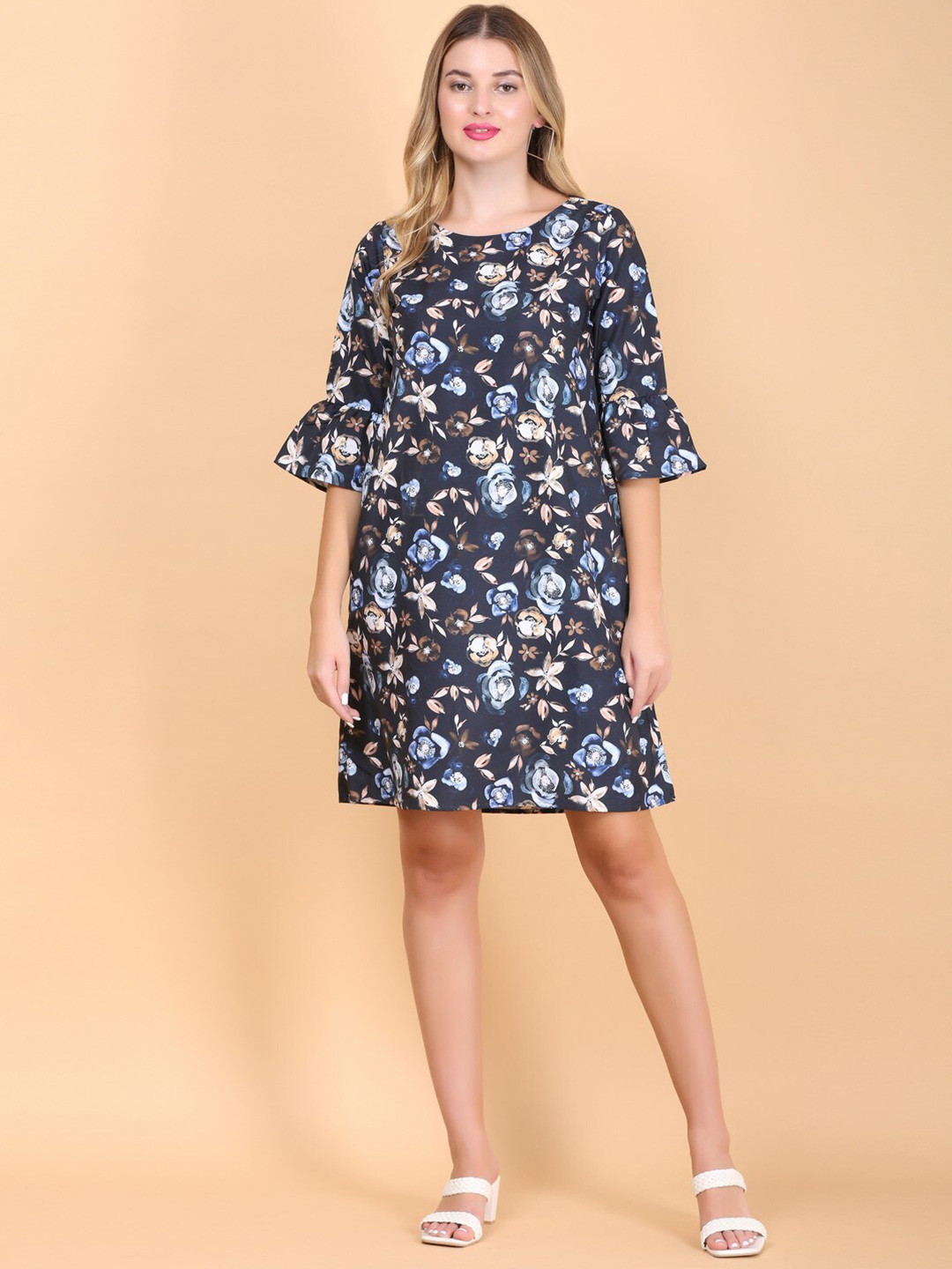 

DESI WOMANIYA Floral Print Bell Sleeve Crepe A-Line Dress With Belt, Navy blue