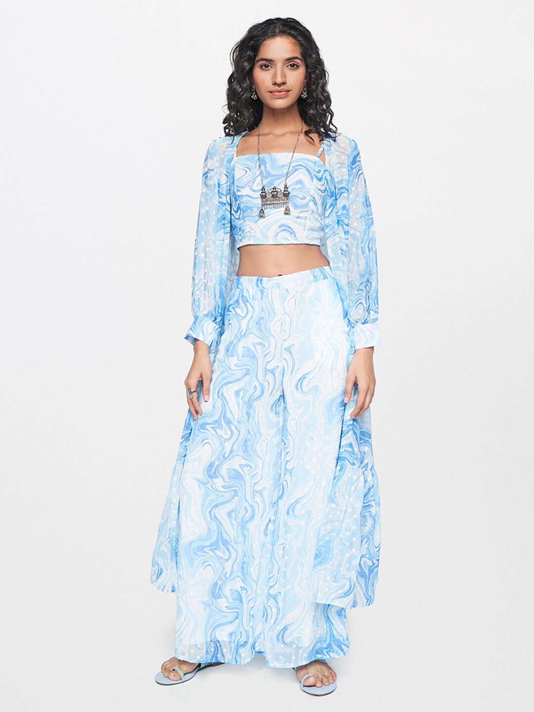 

Global Desi Women Printed Top With Trousers & Jacket Co-Ords, Blue