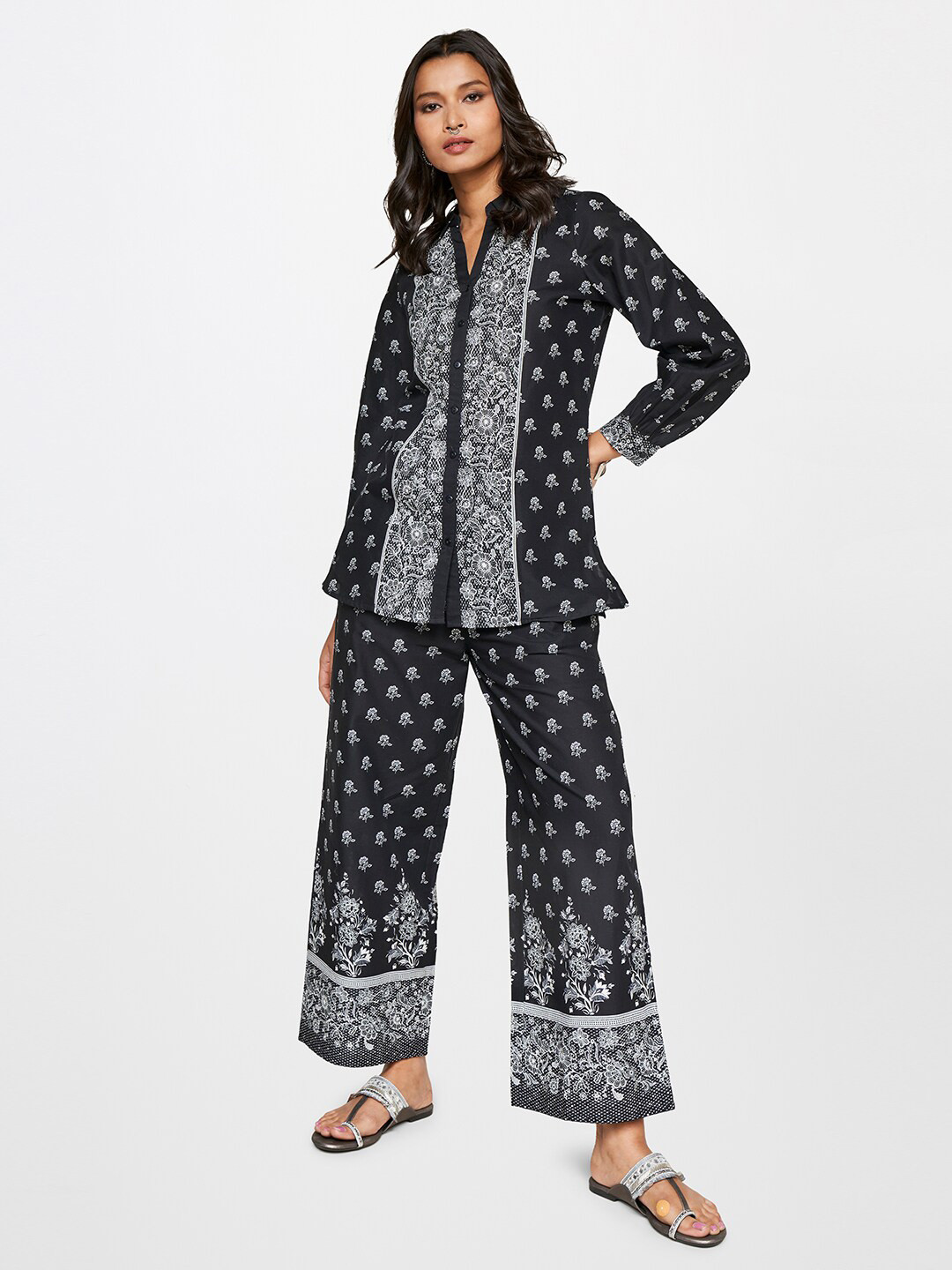 

Global Desi Women Printed Pure Cotton Top With Trousers Co-Ords, Black