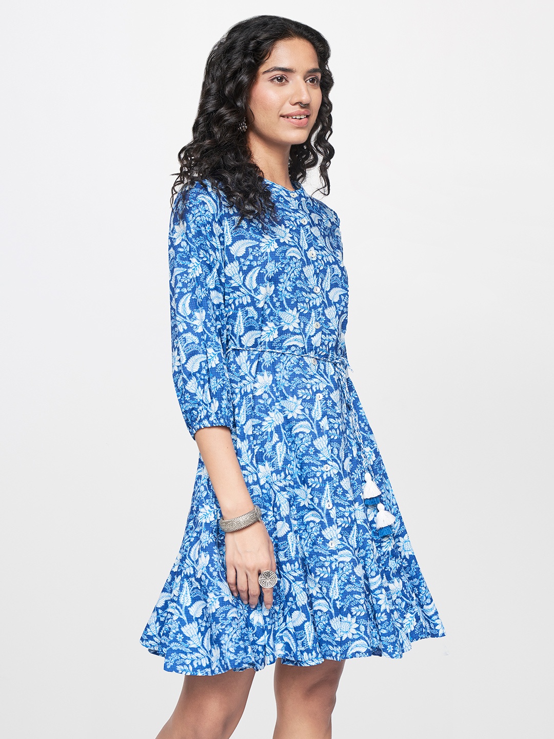 

Global Desi Floral Print Puff Sleeve Fit & Flare Dress, Blue