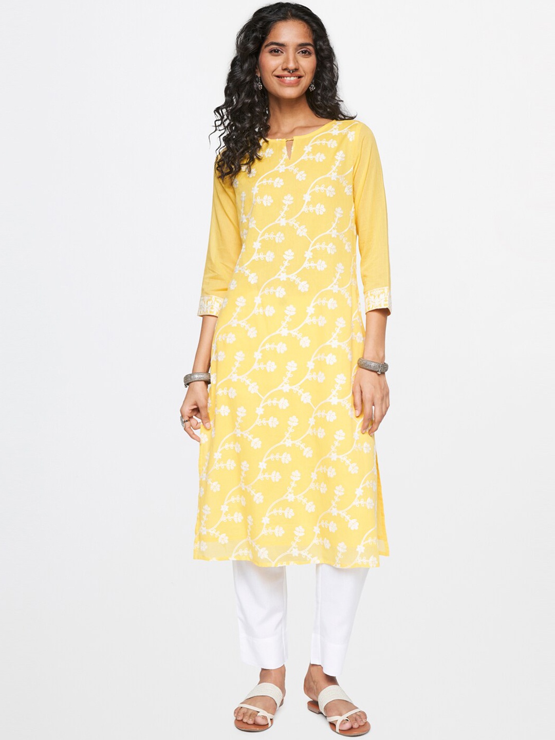 

Global Desi Keyhole Neck Floral Embroidered Straight Pure Cotton Kurta, Yellow