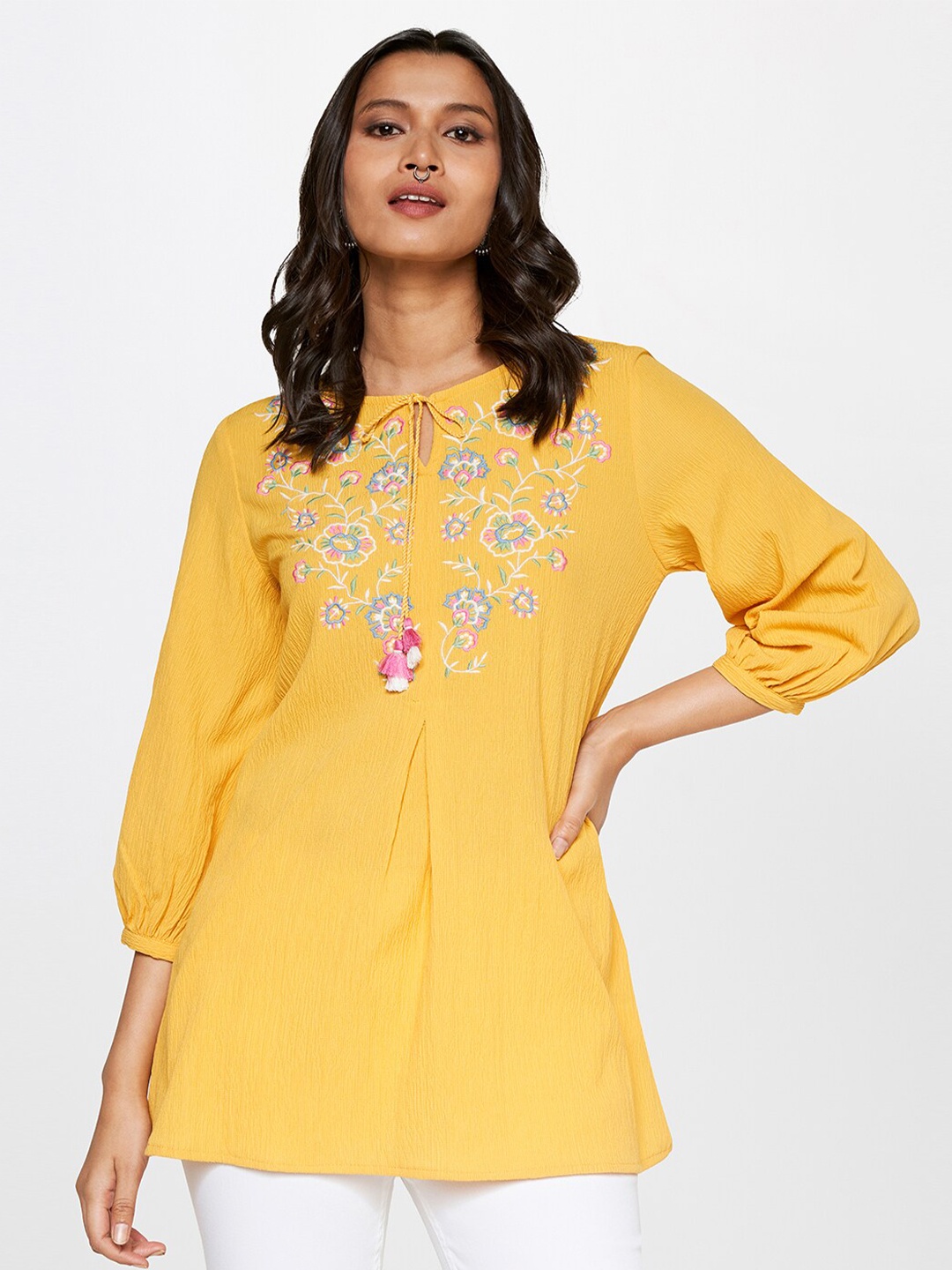 

Global Desi Floral Embroidered Tie-Up Neck Straight Kurti, Mustard
