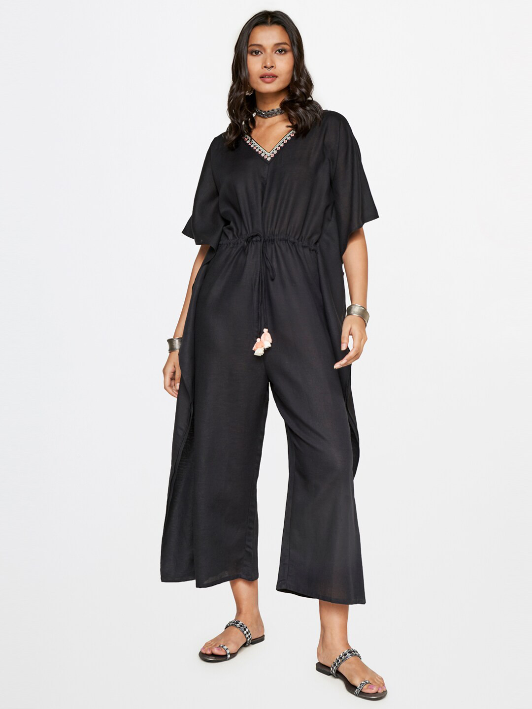

Global Desi V-Neck Waist Tie-Ups Basic Jumpsuit, Black