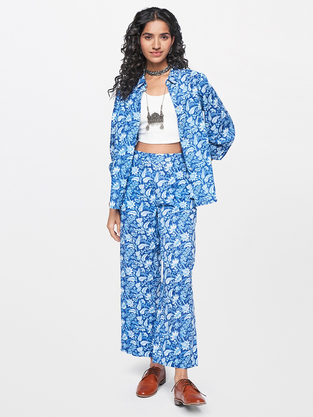 

Global Desi Women Printed Top With Trousers & Jacket, Blue