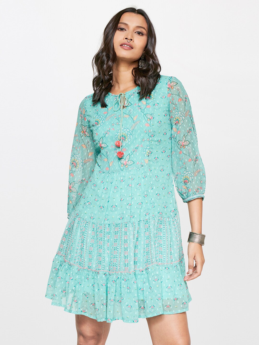 

Global Desi Tie-Up Neck Floral Printed Fit and Flare Dress, Green
