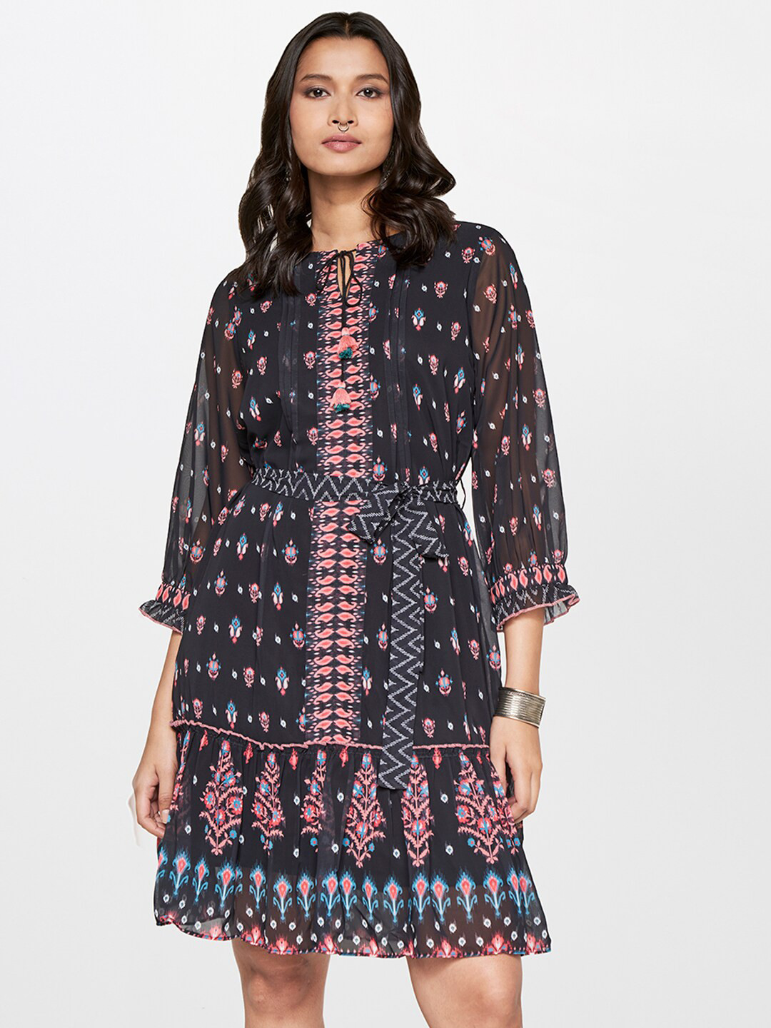 

Global Desi Floral Print Puff Sleeve A-Line Dress, Black