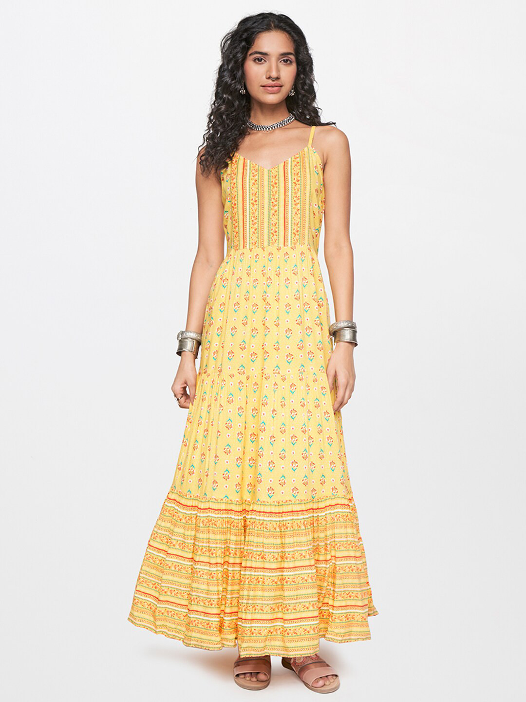 

Global Desi Ethnic Motifs Print Maxi Dress, Yellow