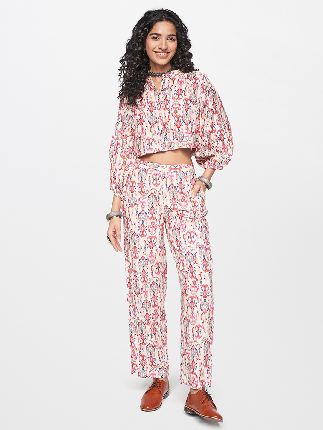 

Global Desi Printed Crop Top With Trousers, White