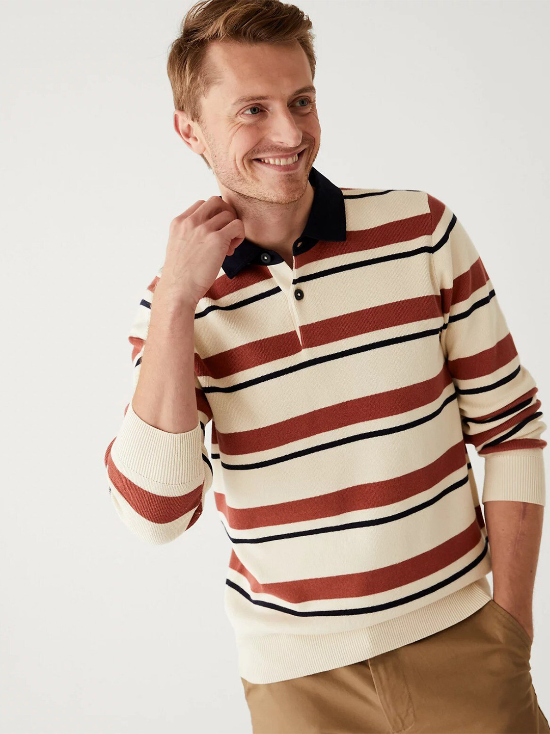 

Marks & Spencer Striped Polo Collar Pure Cotton T-shirt, Beige