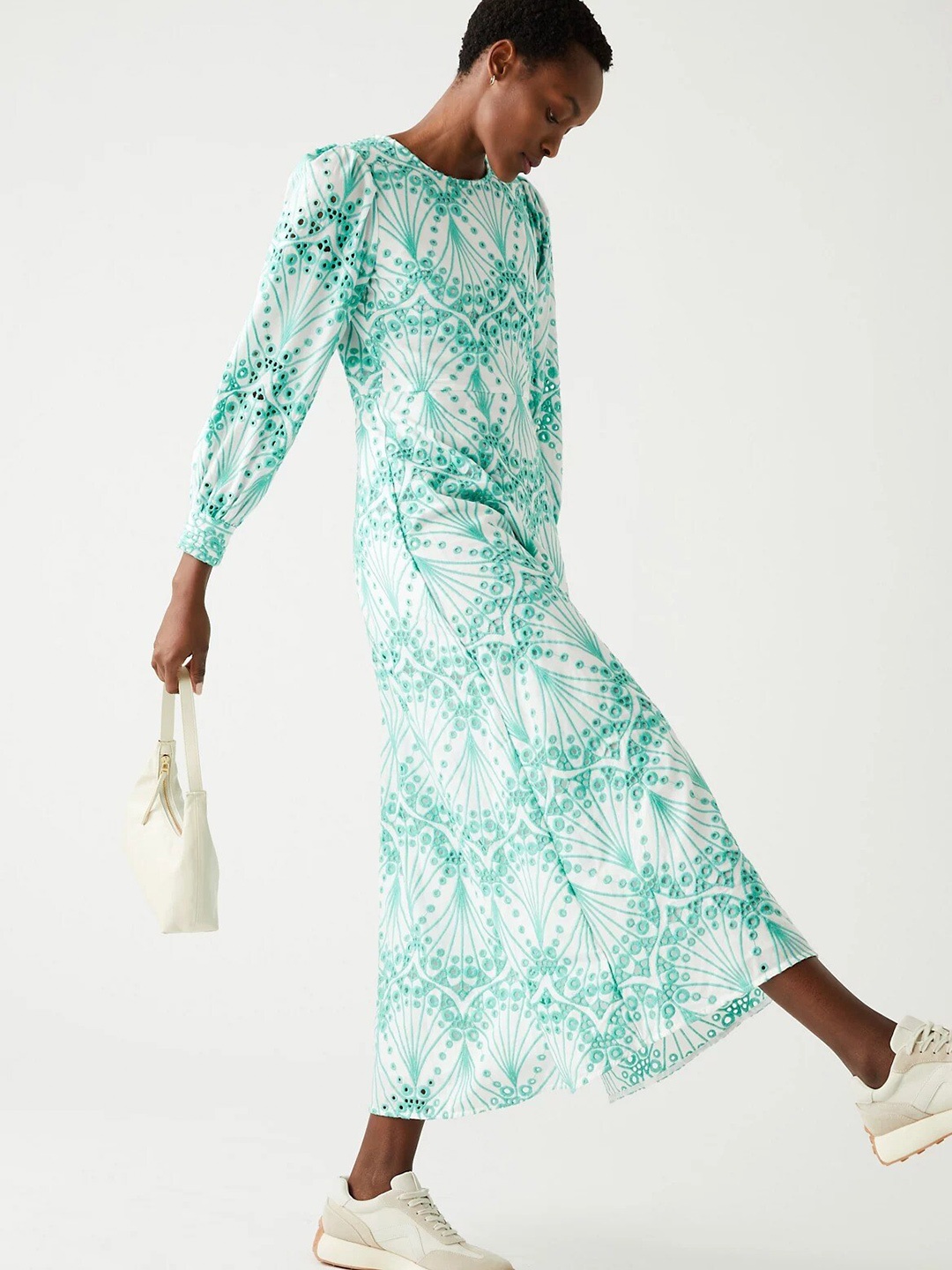 

Marks & Spencer Puff Sleeves Self Design A-Line Midi Dress, Green