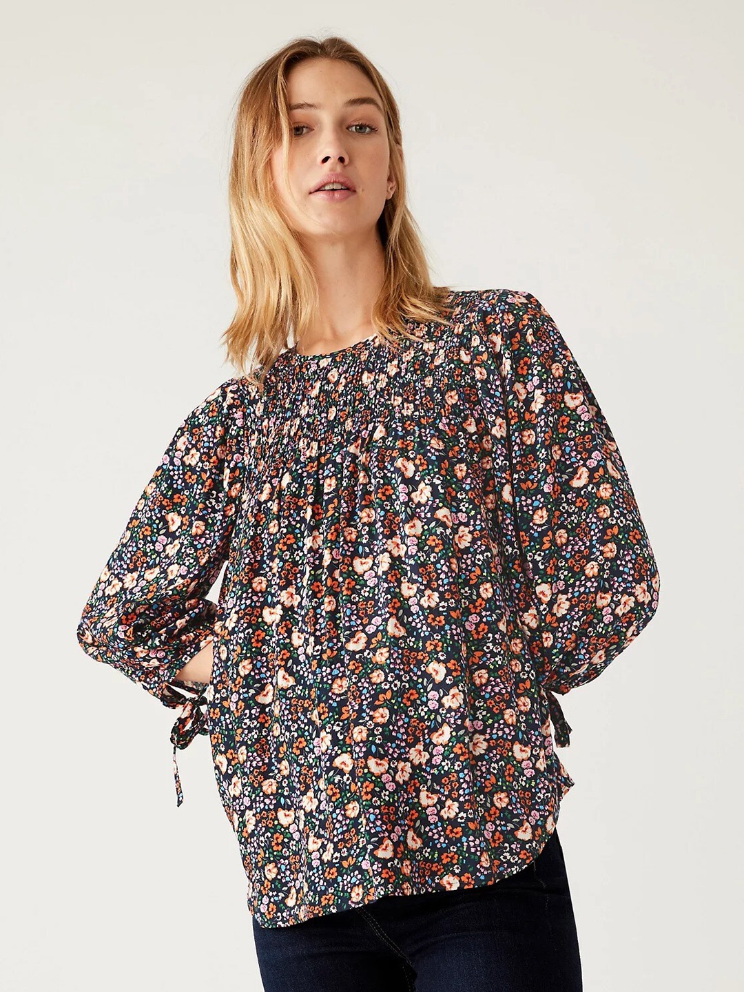 

Marks & Spencer Floral Printed Puff Sleeves Smocked Top, Black