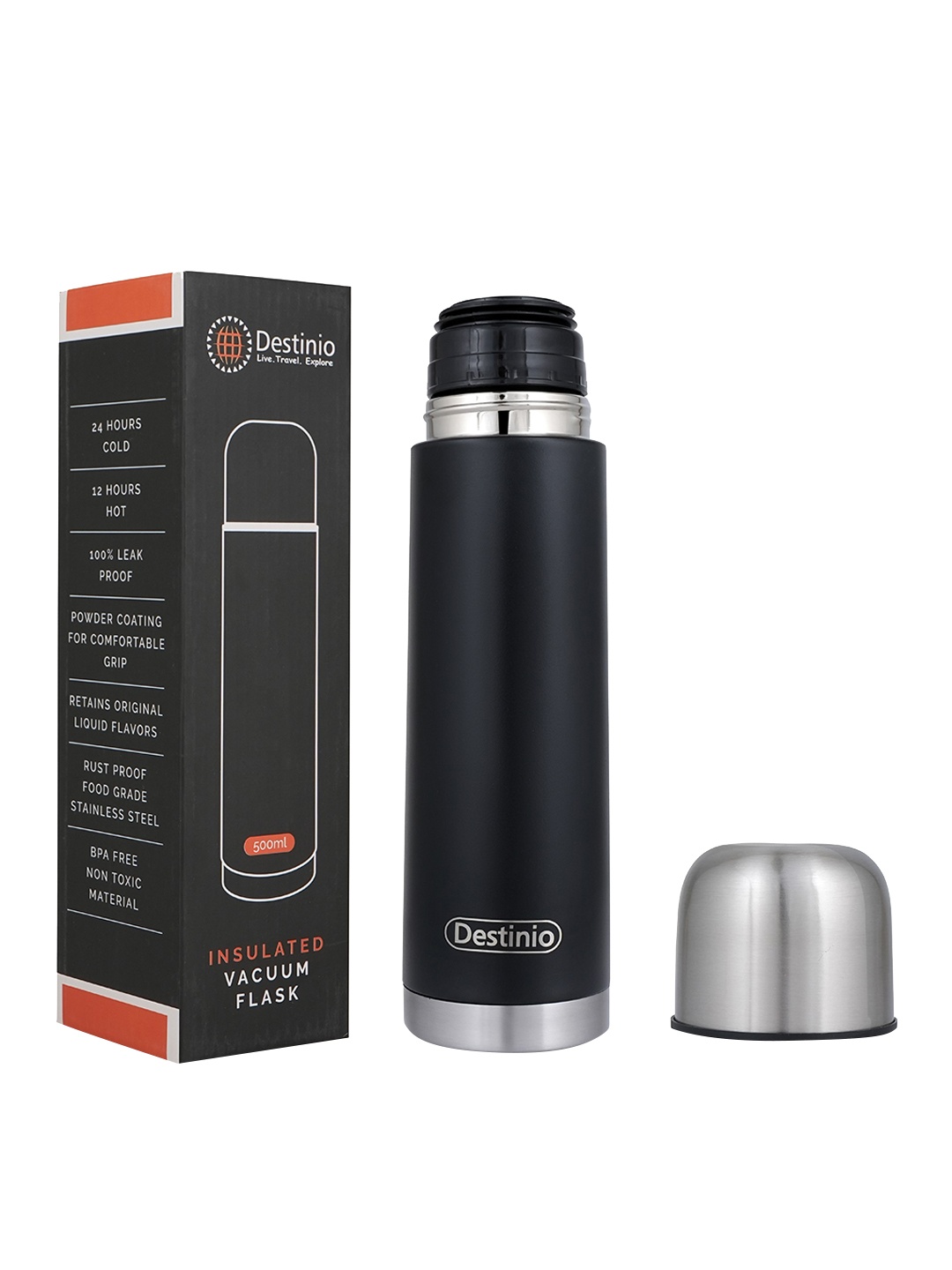 

Destinio Black Solid Thermosteel Flask Bottle 500ml