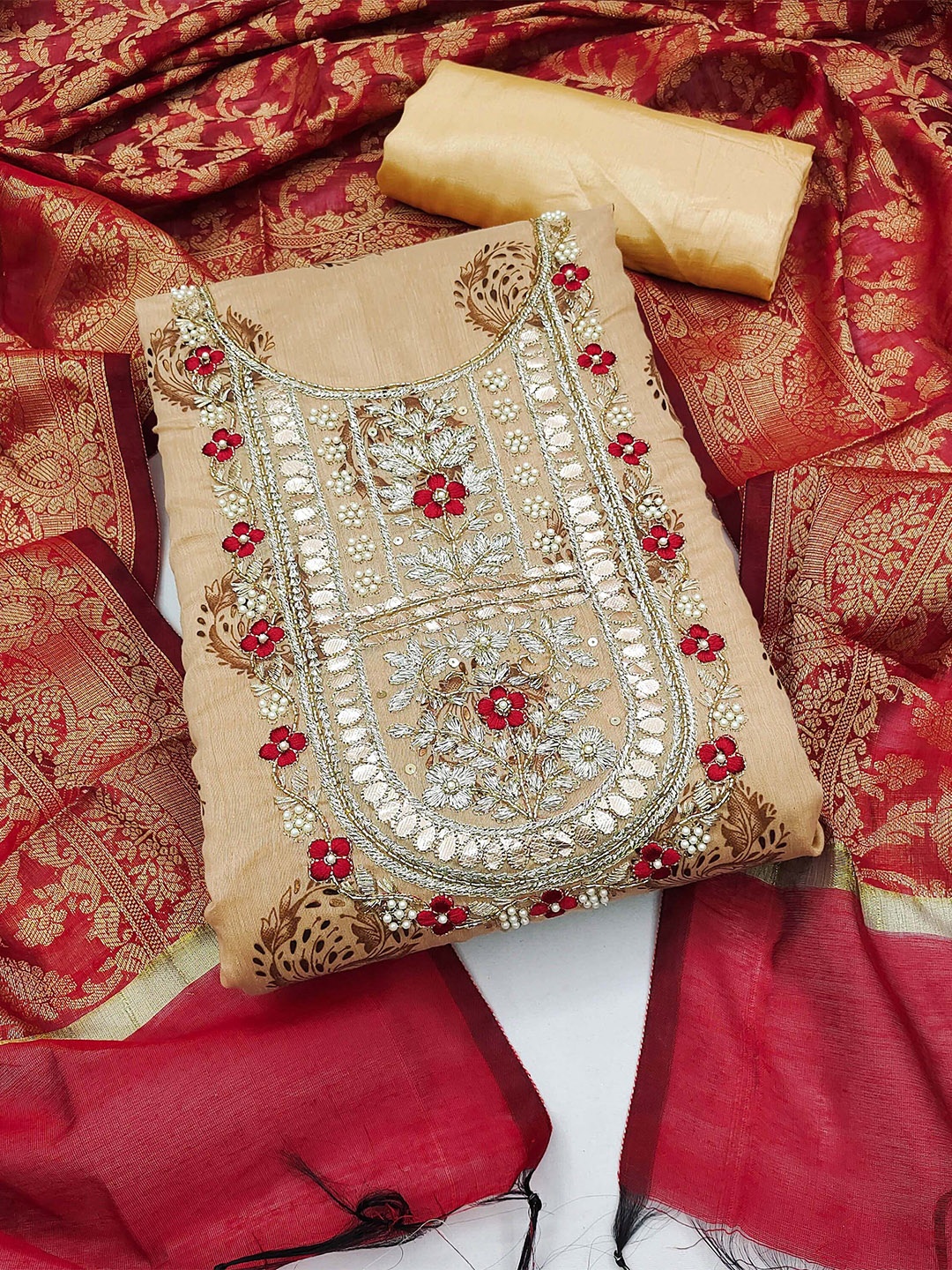 

KALINI Embellished Unstitched Dress Material, Beige