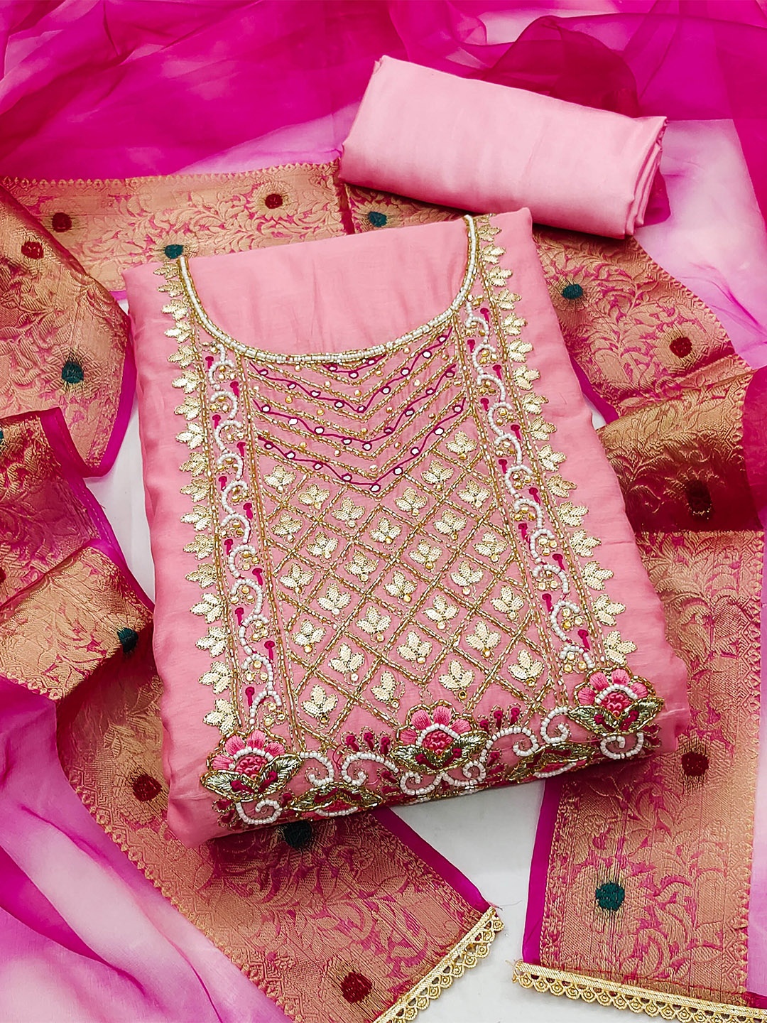

KALINI Embroidered Gotta Patti Unstitched Dress Material, Pink