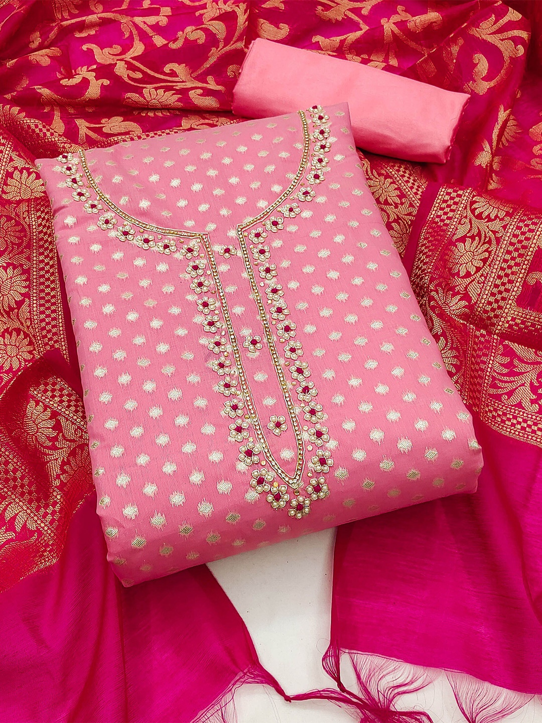 

KALINI Embroidered Beads & Stones Unstitched Dress Material, Pink