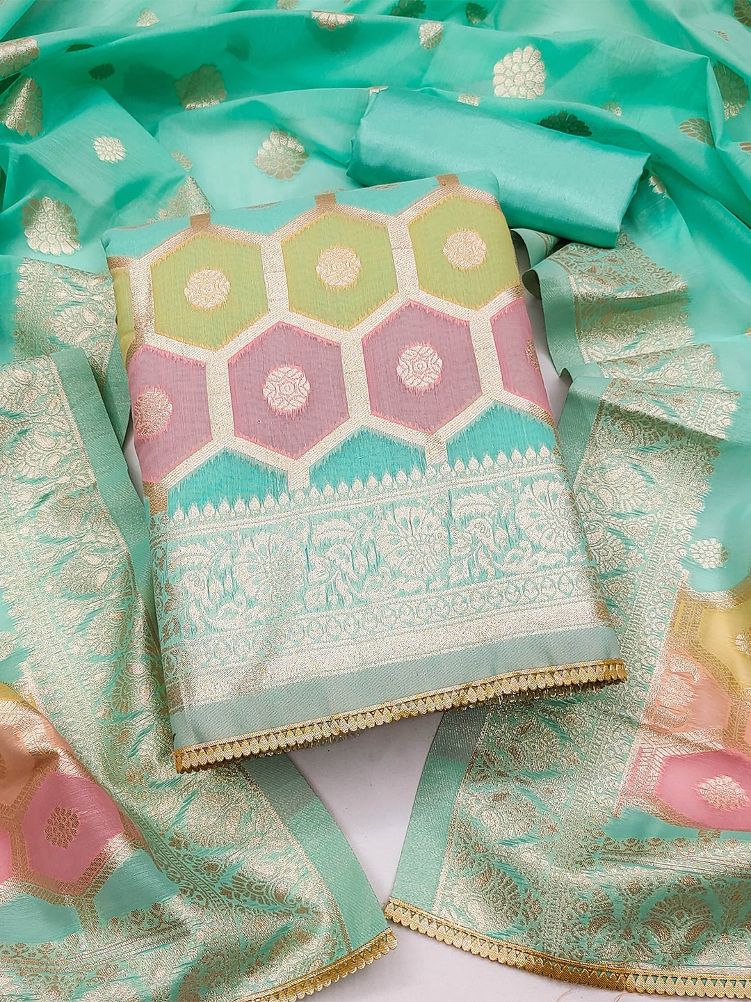 

KALINI Woven Design Zari Unstitched Dress Banarasi Jacquard Material, Sea green