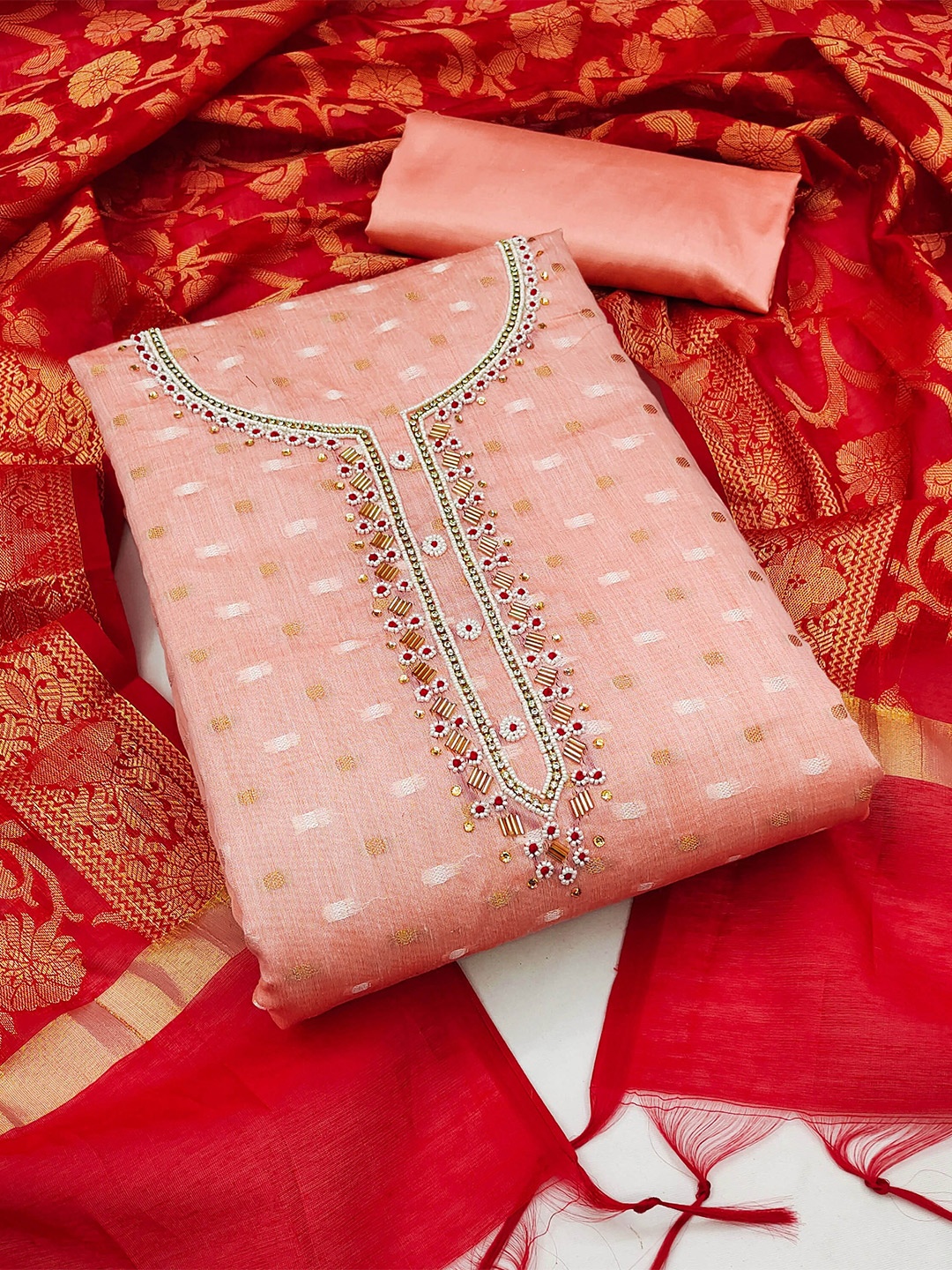 

KALINI Embroidered Stones & Beads Banarasi Jacquard Unstitched Dress Material, Peach