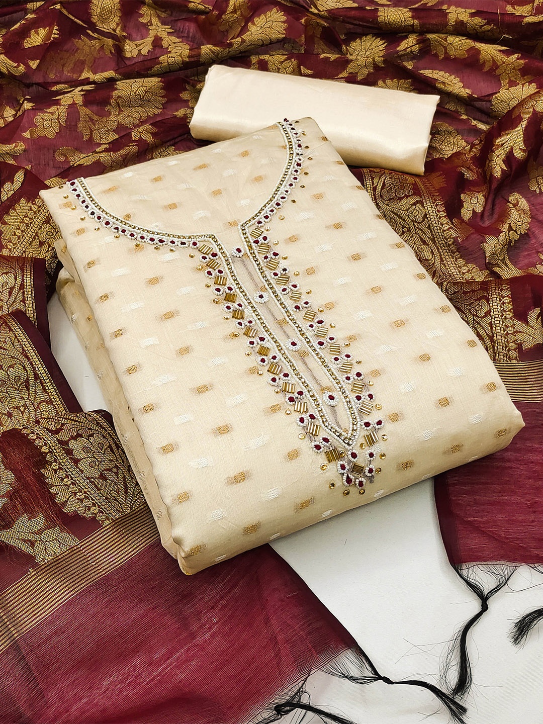 

KALINI Woven Design Unstitched Dress Material, Beige