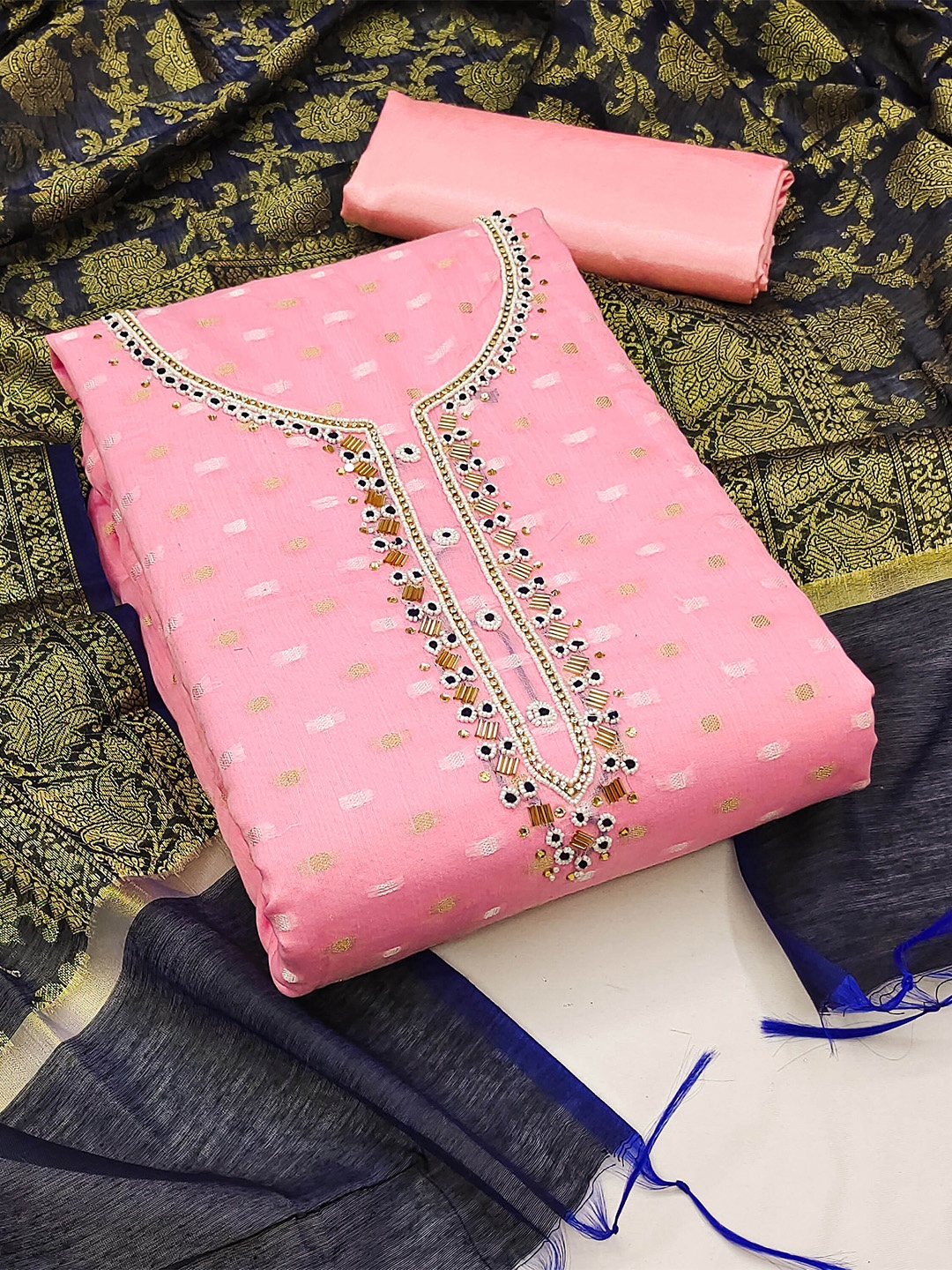 

KALINI Woven Design Embroidered Beads & Stones Unstitched Dress Material, Pink