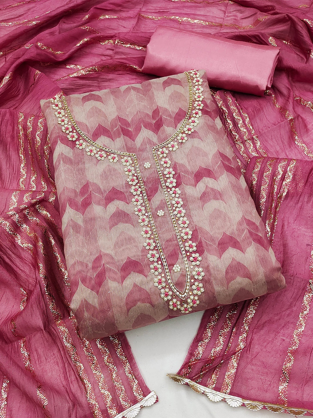 

KALINI Geometric Printed Embellished Unstitched Dress Material, Pink