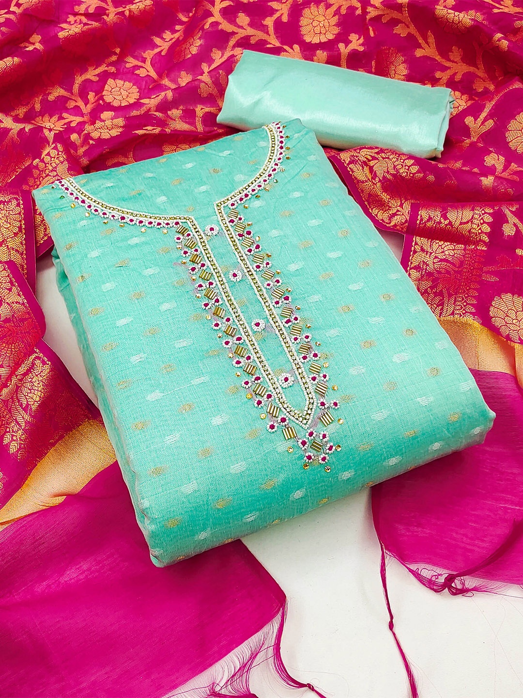 

KALINI Embroidered Unstitched Dress Material, Sea green