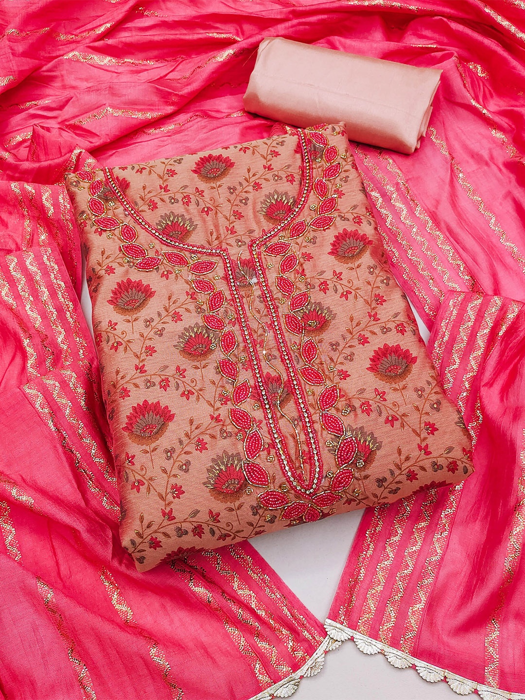 

KALINI Floral Printed Embellished Unstitched Dress Material, Pink