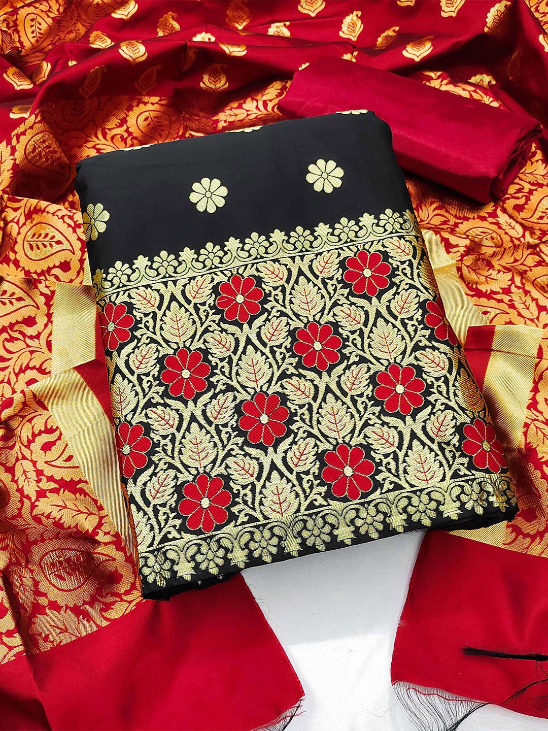 

KALINI Floral Woven Design Banarasi Jacquard Unstitched Dress Material, Black