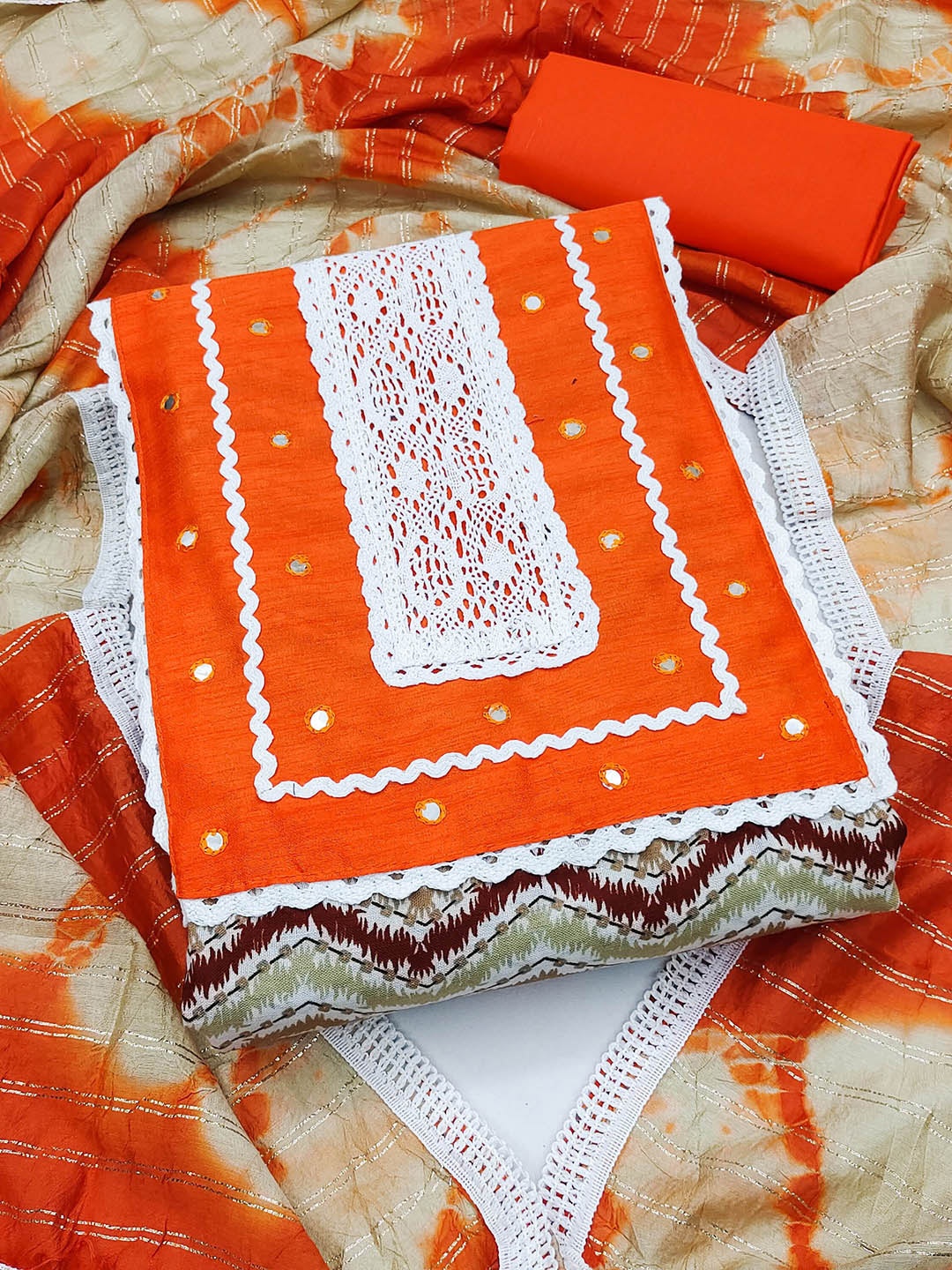 

KALINI Gemetric Printed Mirror Work Pure Cotton Unstitched Dress Material, Orange