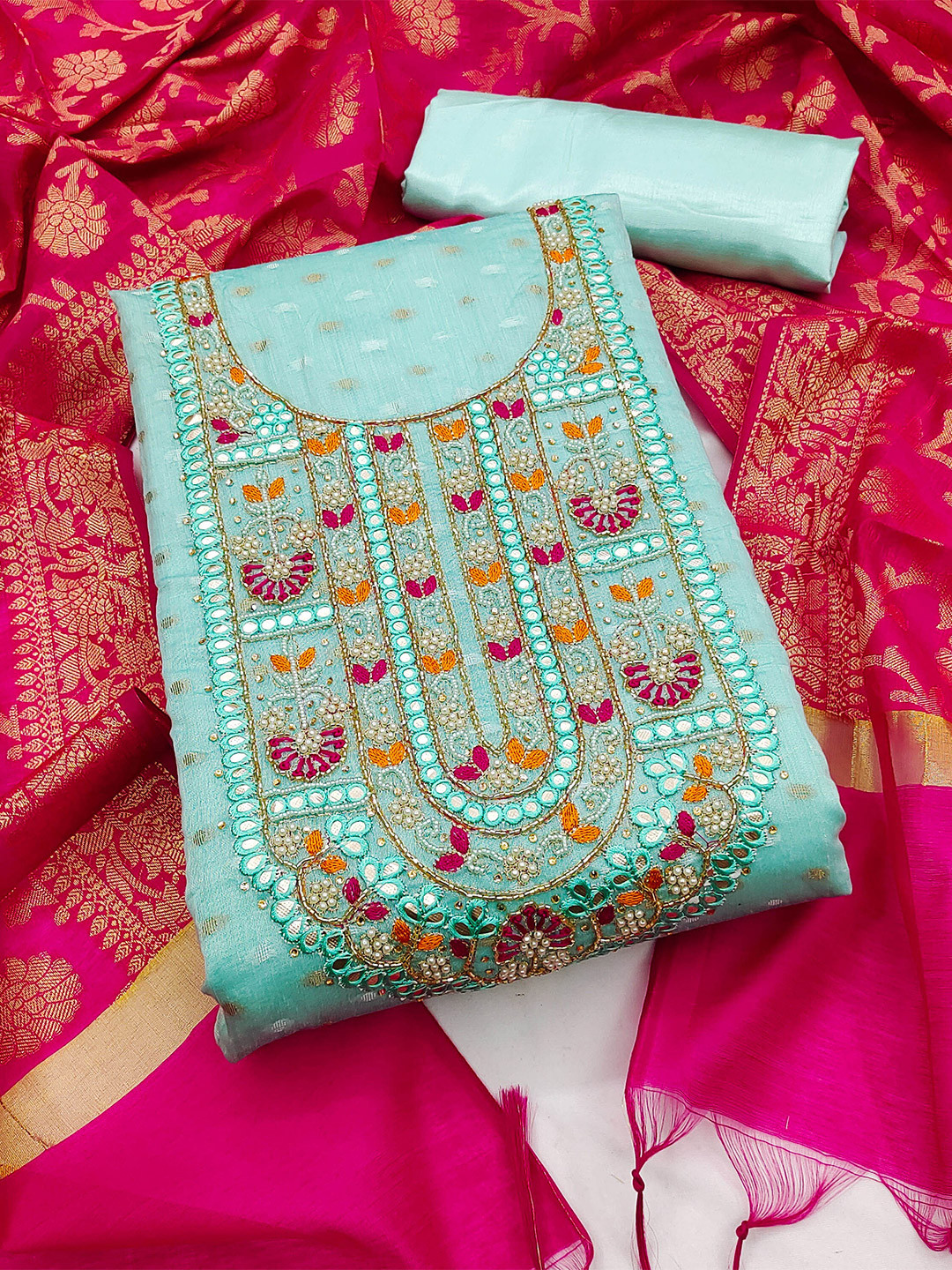 

KALINI Embroidered Banarasi Jacquard Unstitched Dress Material With Beads & Stones, Sea green