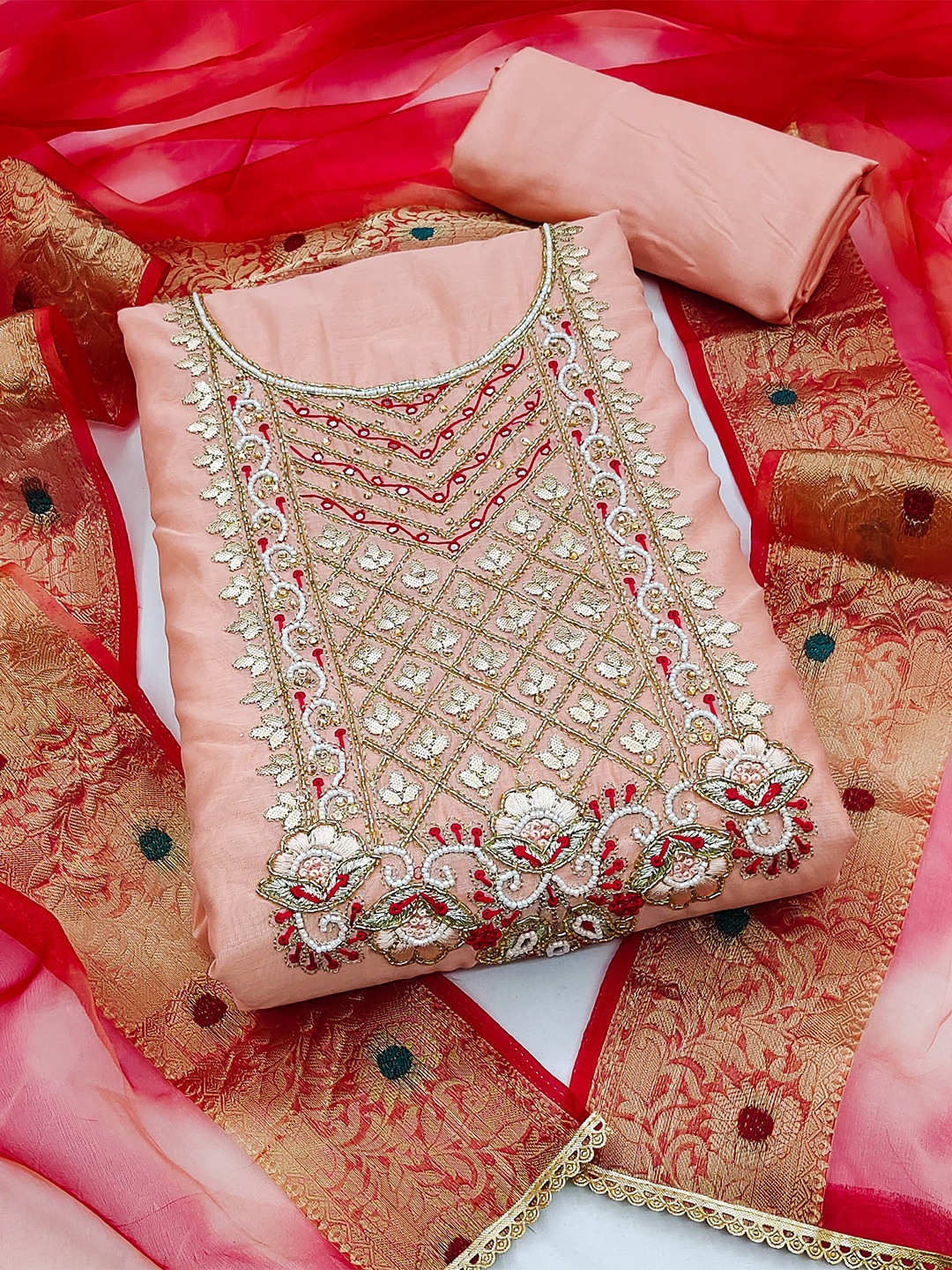

KALINI Yoke Embellished With Beads & Stones Chanderi Unstitched Dress Material, Peach