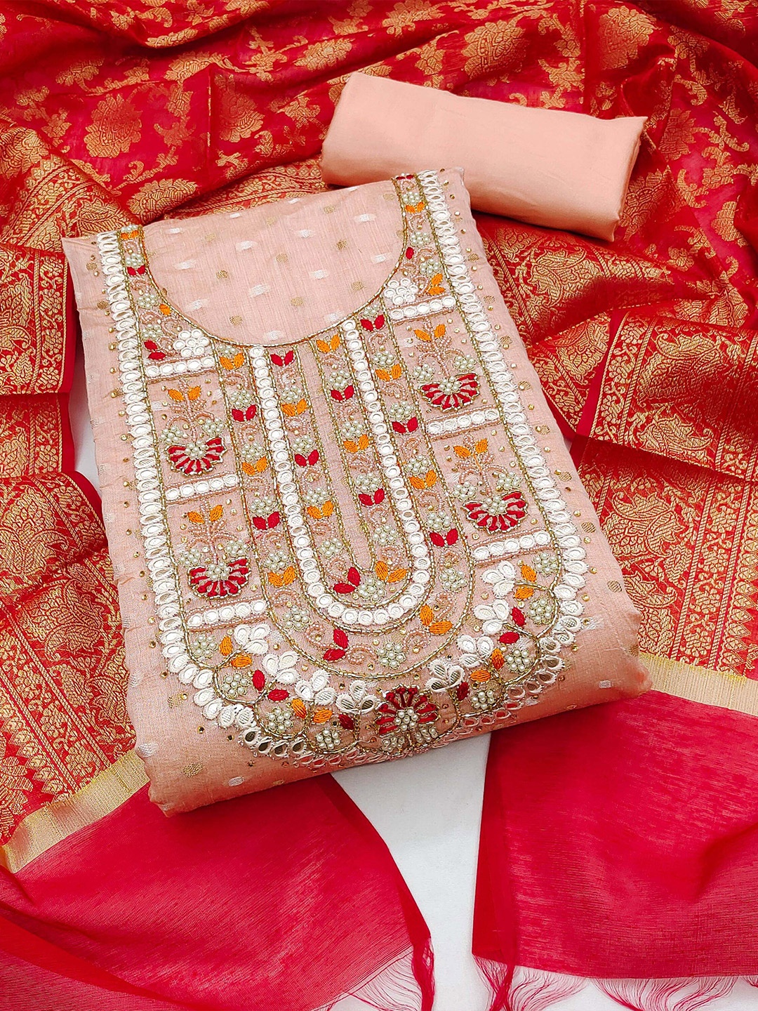 

KALINI Banarasi Jacquard Unstitched Dress Material with Beads & Stones Embellished, Peach