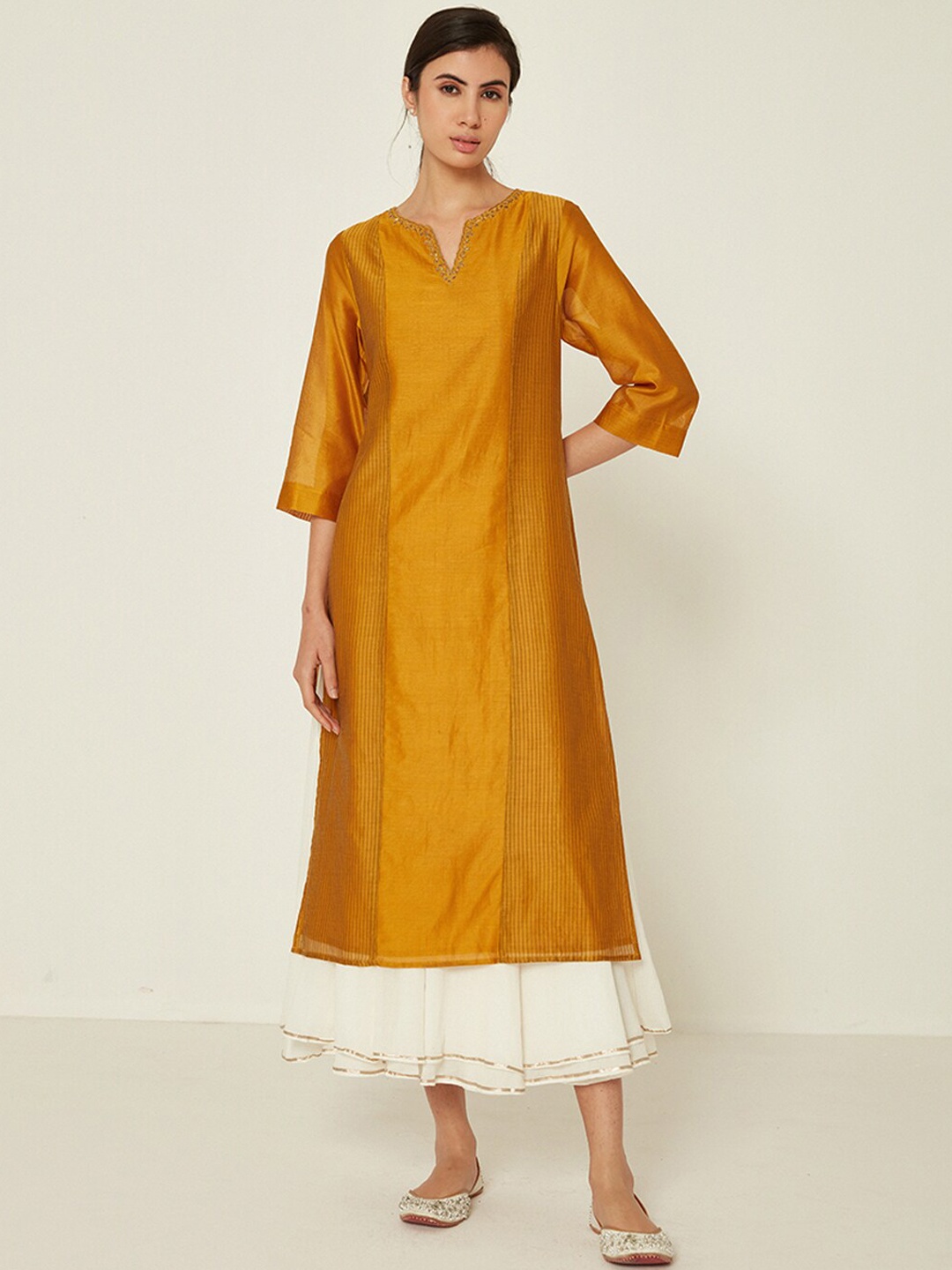 

Ancestry Striped Zardozi Chanderi Silk Kurta, Mustard