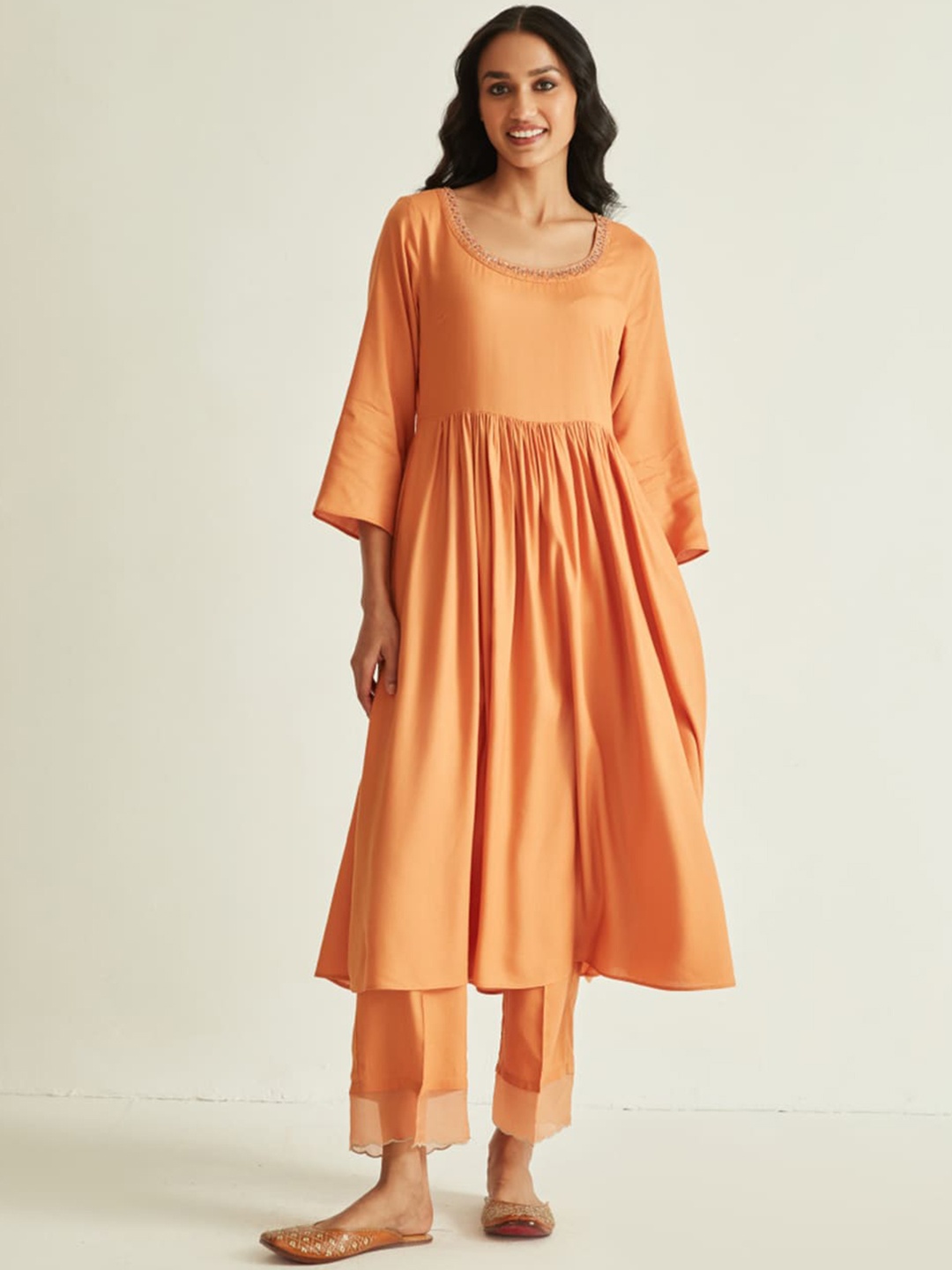 

Ancestry Round Neck Sequinned Pleated Anarkali Kurta, Orange